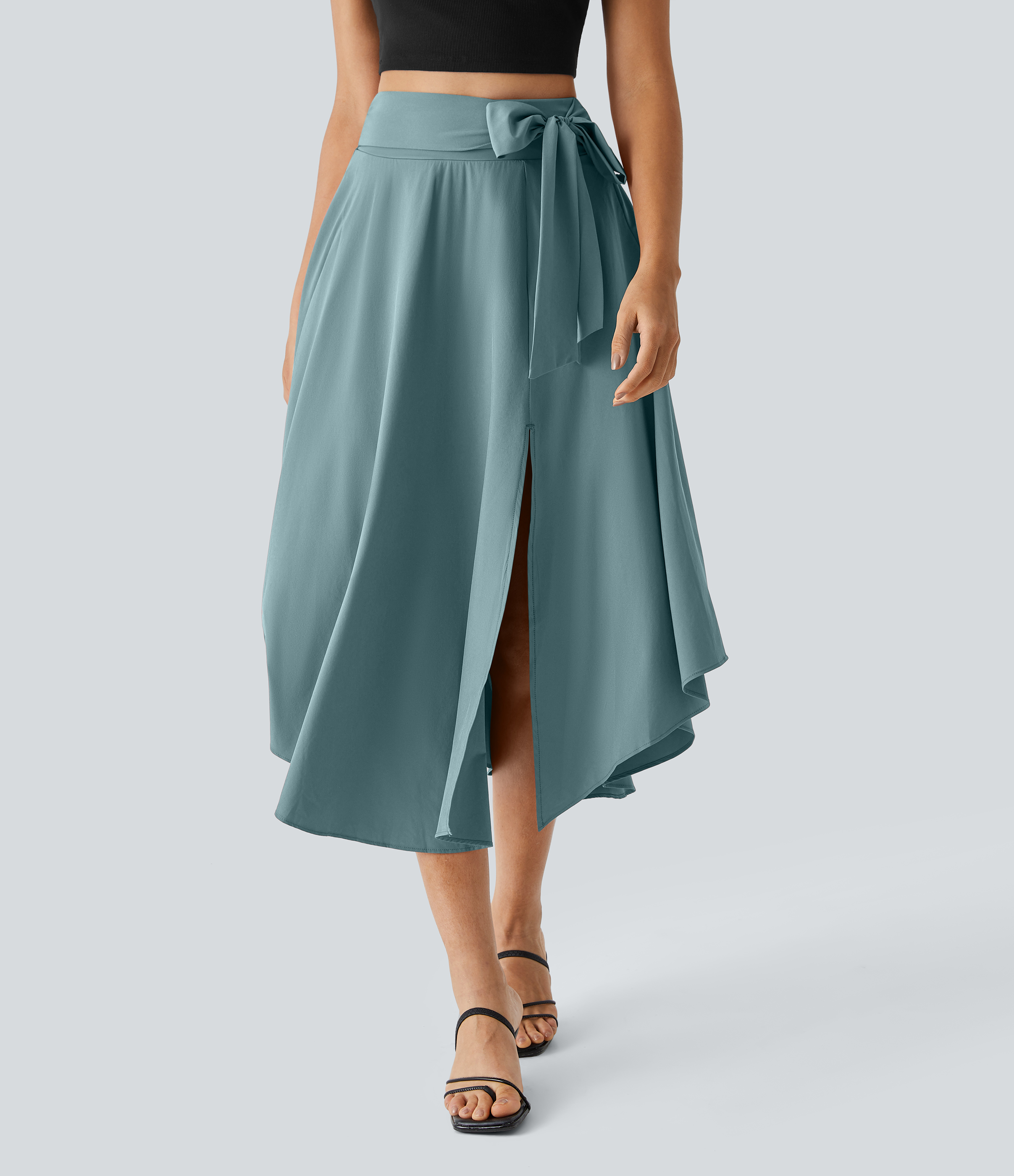 Halara Breezefulв„ў High Waisted Tie Side Split 2-in-1 Curved Hem Flowy Flare Quick Dry Midi Casual Skirt  - Mineral Blue - L(regular) 