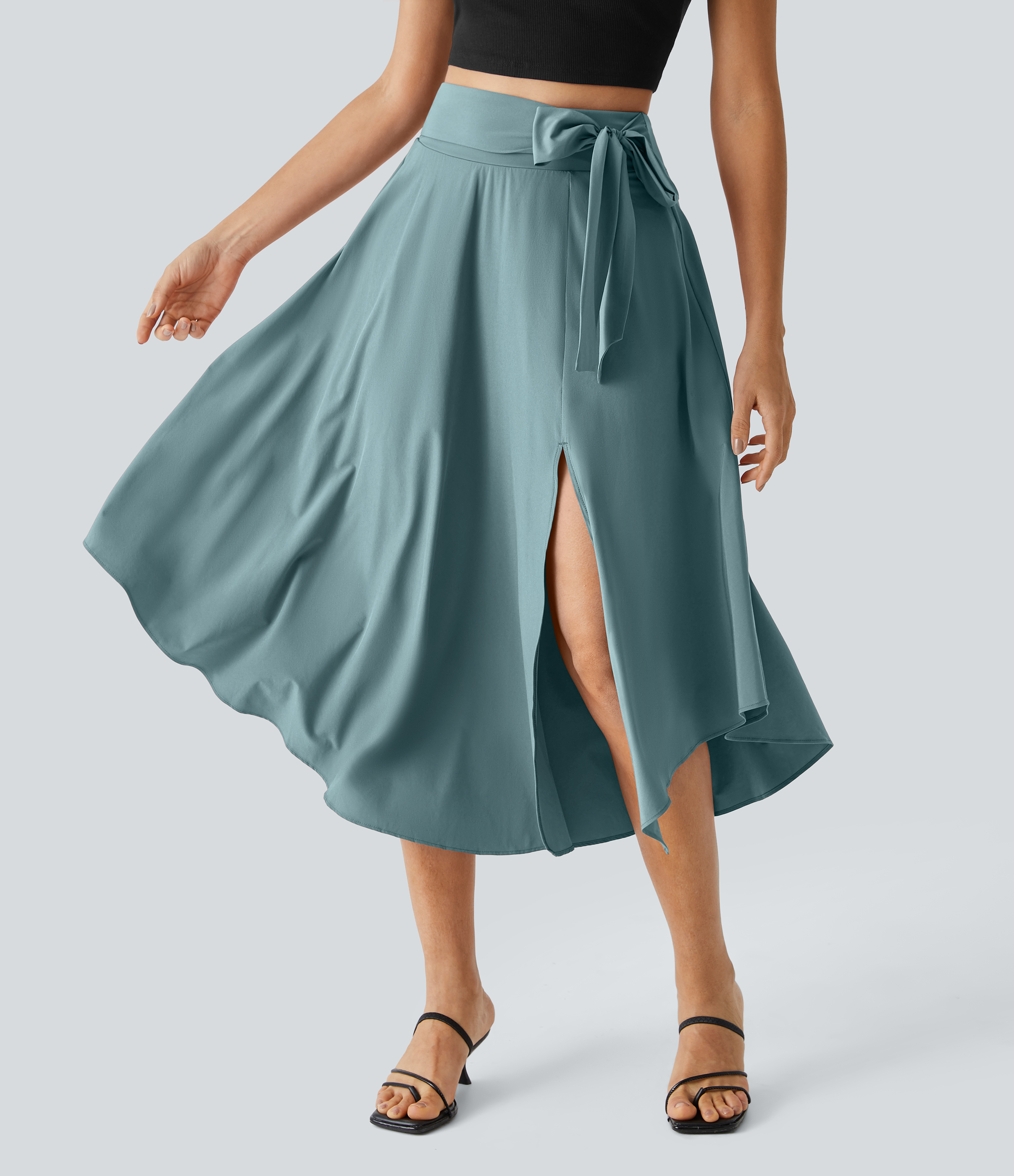 Halara Breezefulв„ў High Waisted Tie Side Split 2-in-1 Curved Hem Flowy Flare Quick Dry Midi Casual Skirt  - Mineral Blue - L(regular) 