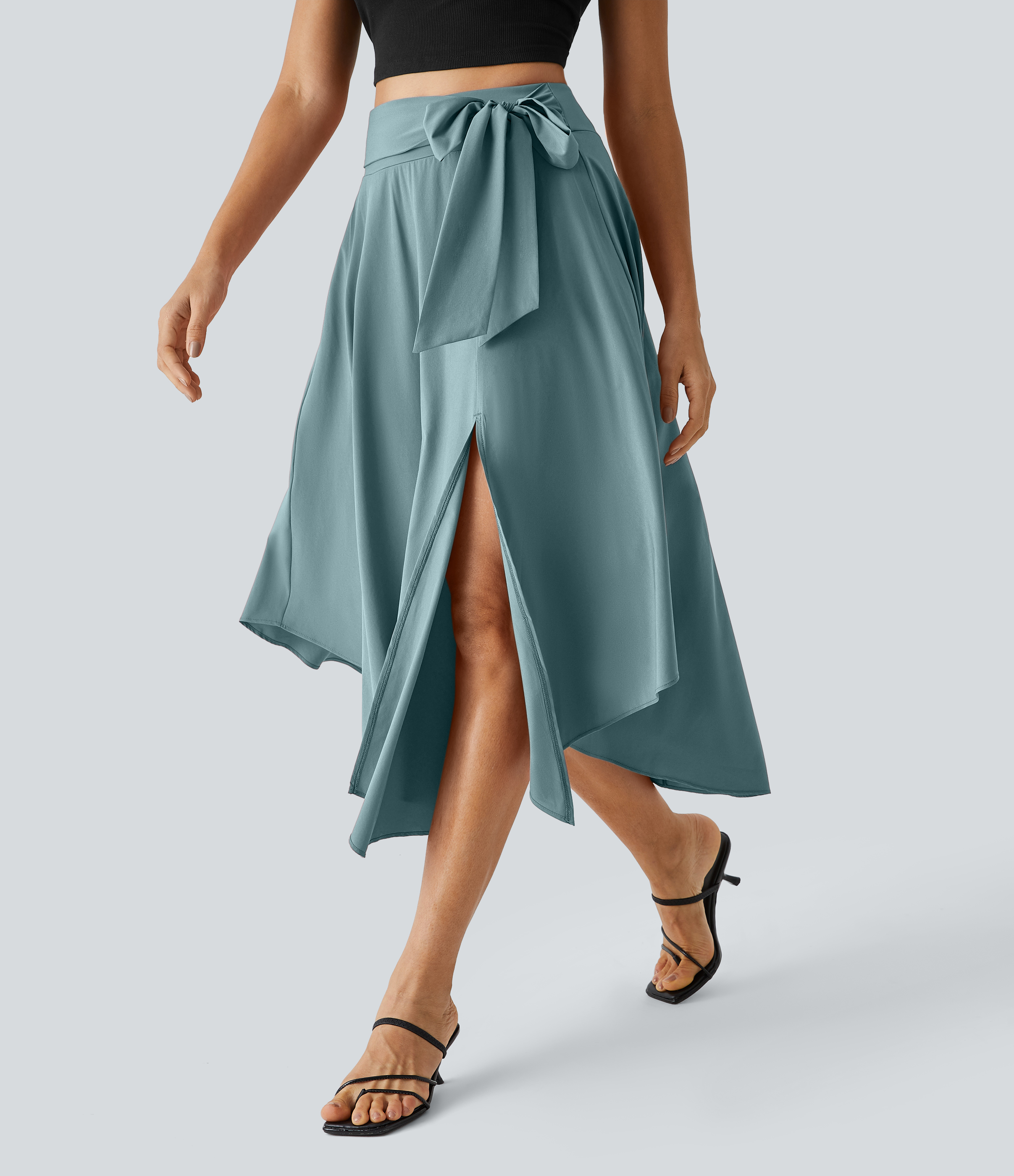 Halara Breezefulв„ў High Waisted Tie Side Split 2-in-1 Curved Hem Flowy Flare Quick Dry Midi Casual Skirt  - Mineral Blue - L(regular) 