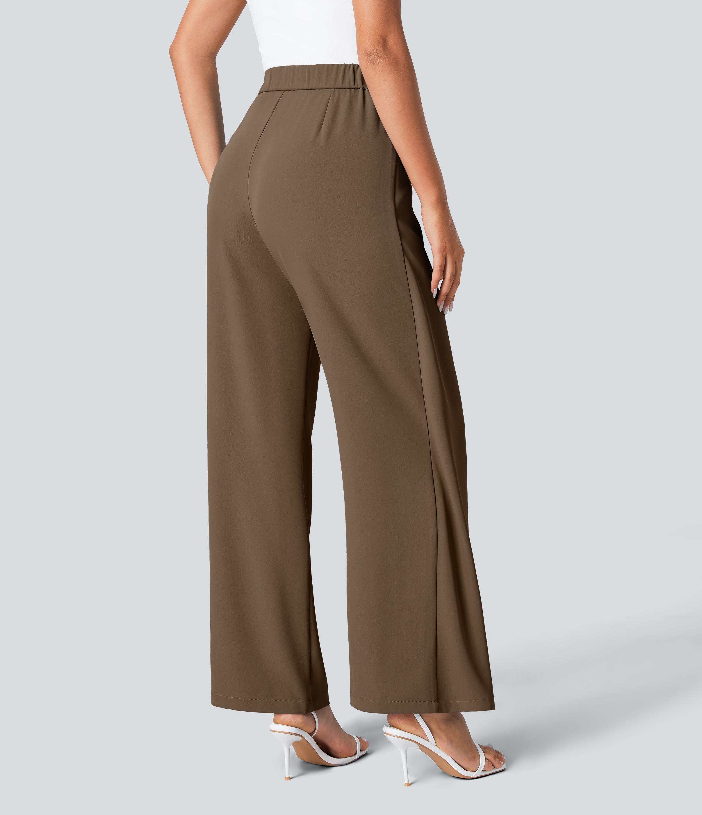Halara High Waisted Tie Side Invisible Zipper Wide Leg Work Pants  - Teak - L(regular) sweatpants jogger pants stacked sweatpants 