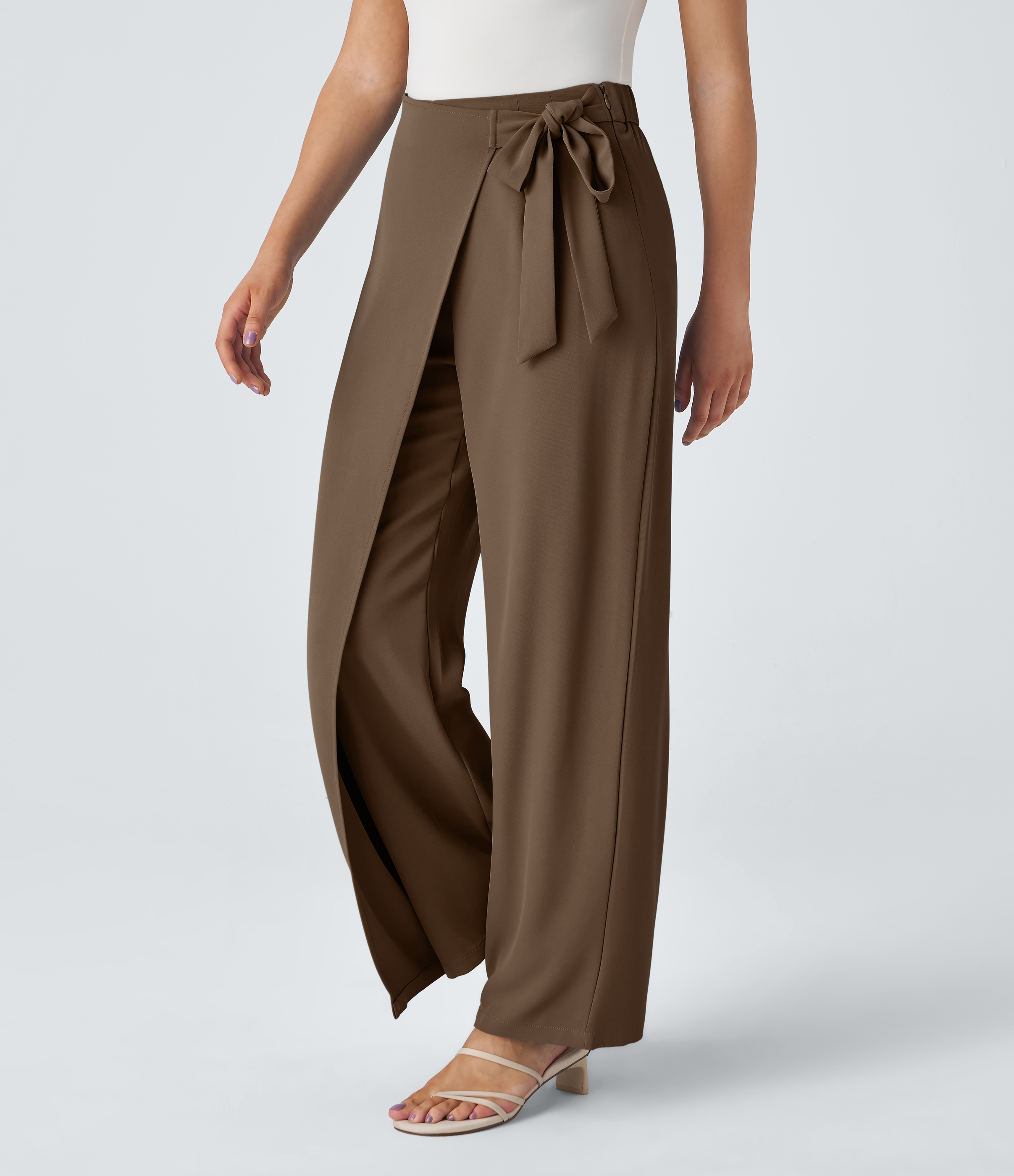 Halara High Waisted Tie Side Invisible Zipper Wide Leg Work Pants  - Teak - L(regular) sweatpants jogger pants stacked sweatpants 
