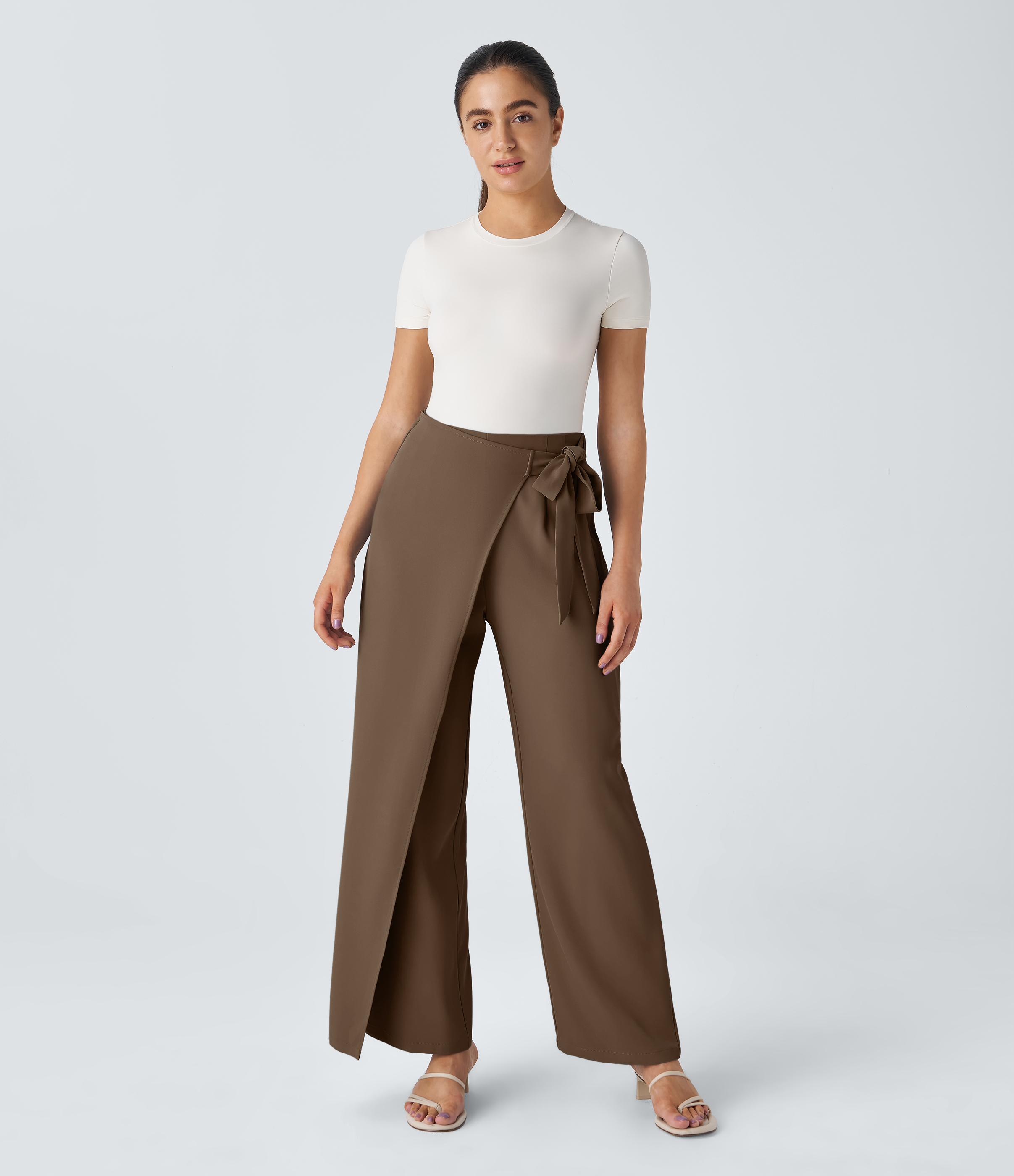 Halara High Waisted Tie Side Invisible Zipper Wide Leg Work Pants  - Teak - L(regular) sweatpants jogger pants stacked sweatpants 