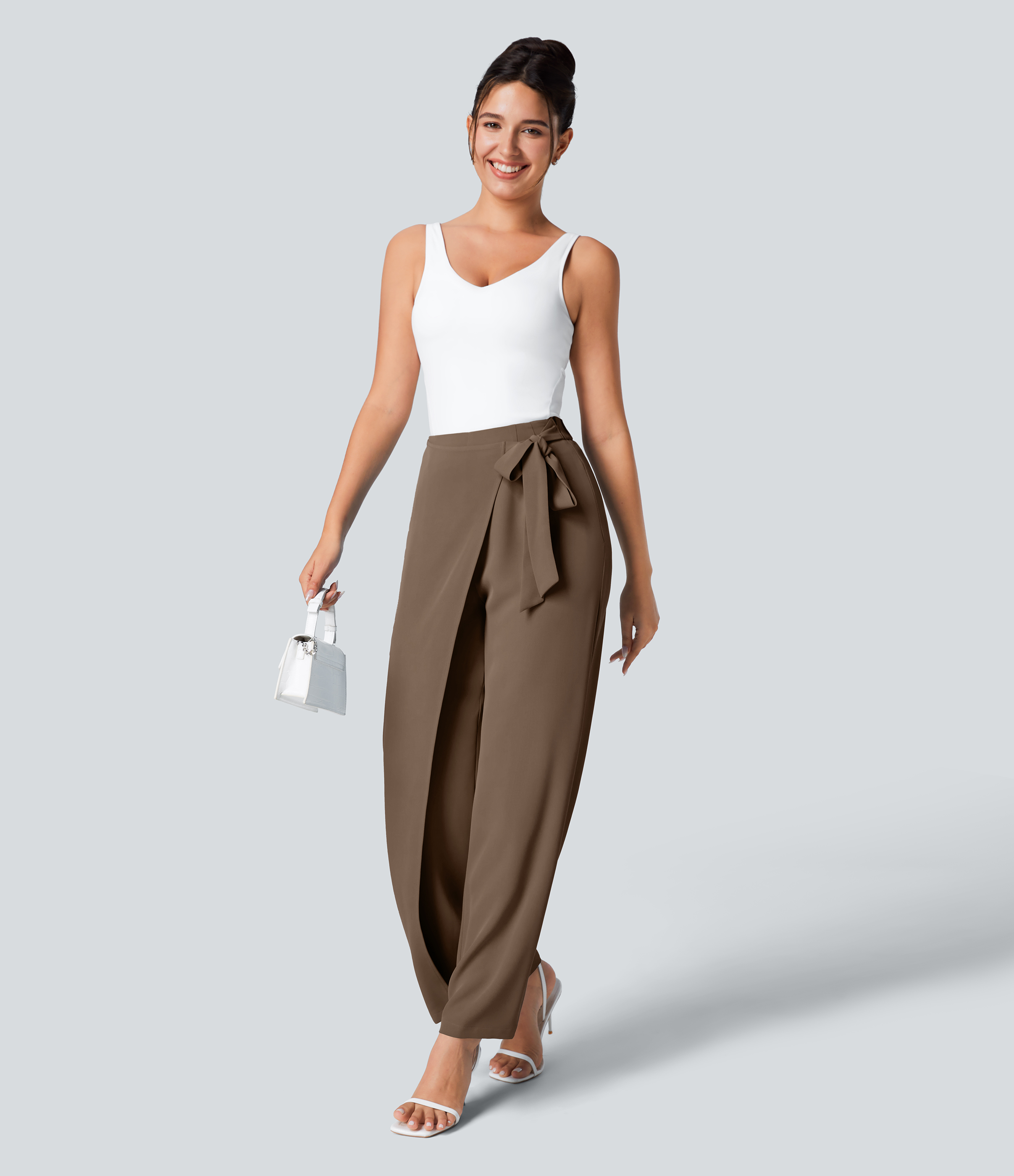 Halara High Waisted Tie Side Invisible Zipper Wide Leg Work Pants  - Teak - L(regular) sweatpants jogger pants stacked sweatpants 
