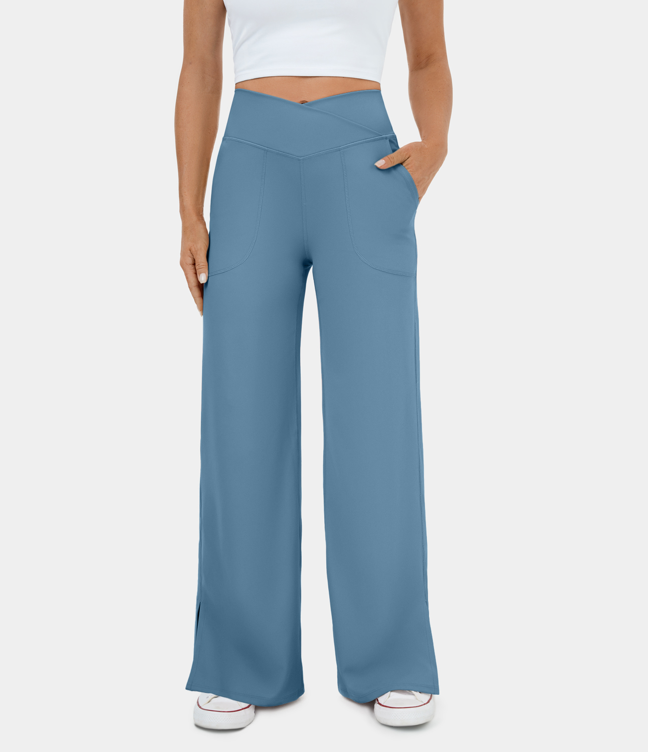 

Halara Crossover Pocket Split Hem Wide Leg Yoga Pants-Smile - Light Azure