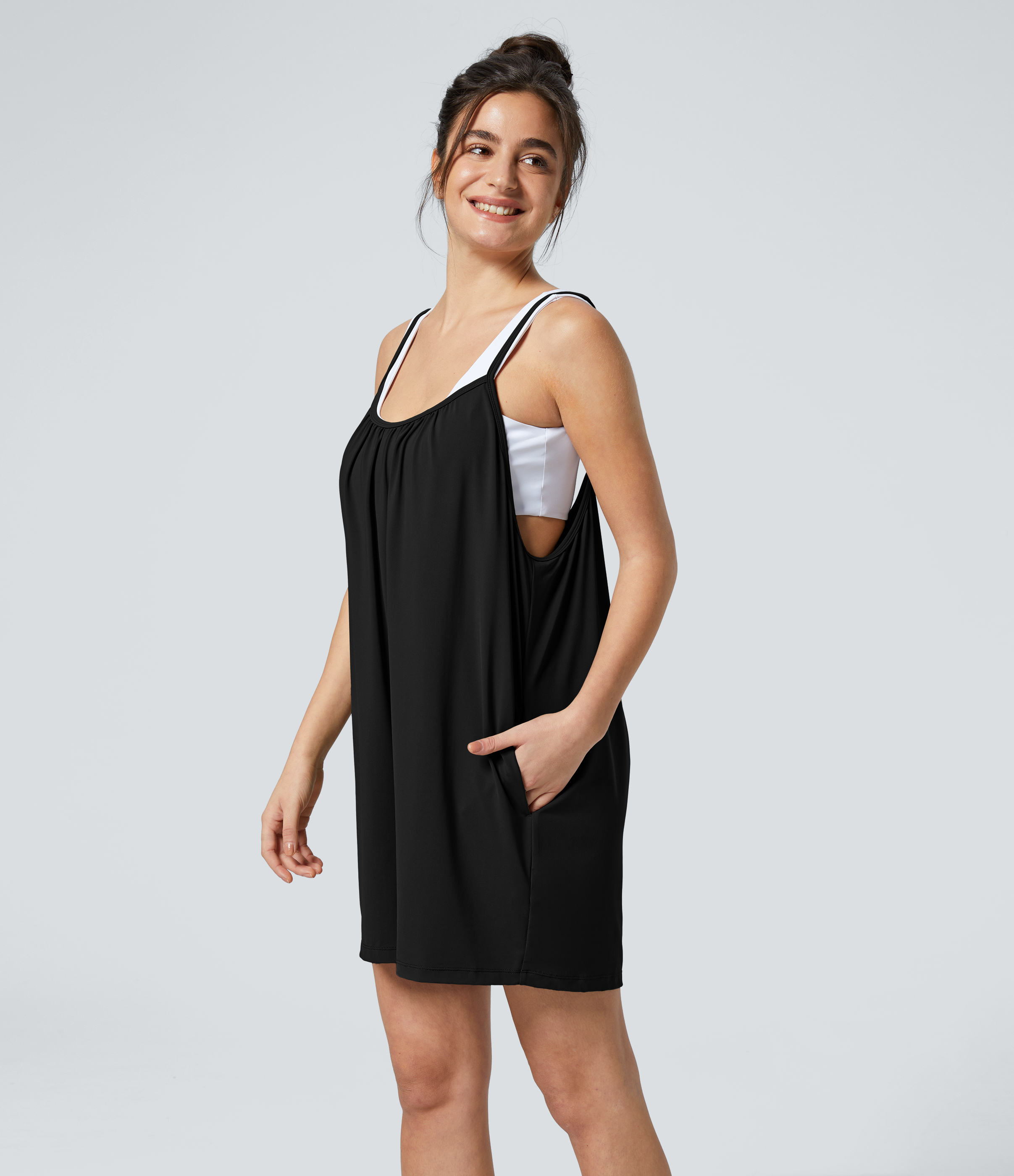 Spaghetti Pocket Solid Wide Leg Casual Jumpsuit
