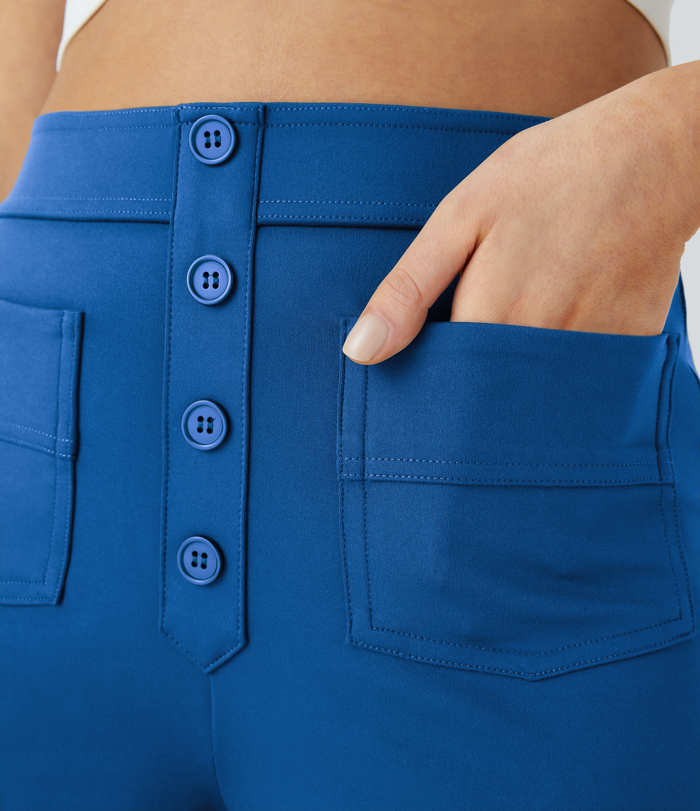 Halara High Waisted Button Multiple Pockets Straight Leg Casual Pants  - Victoria Blue - L(regular) sweatpants jogger pants 