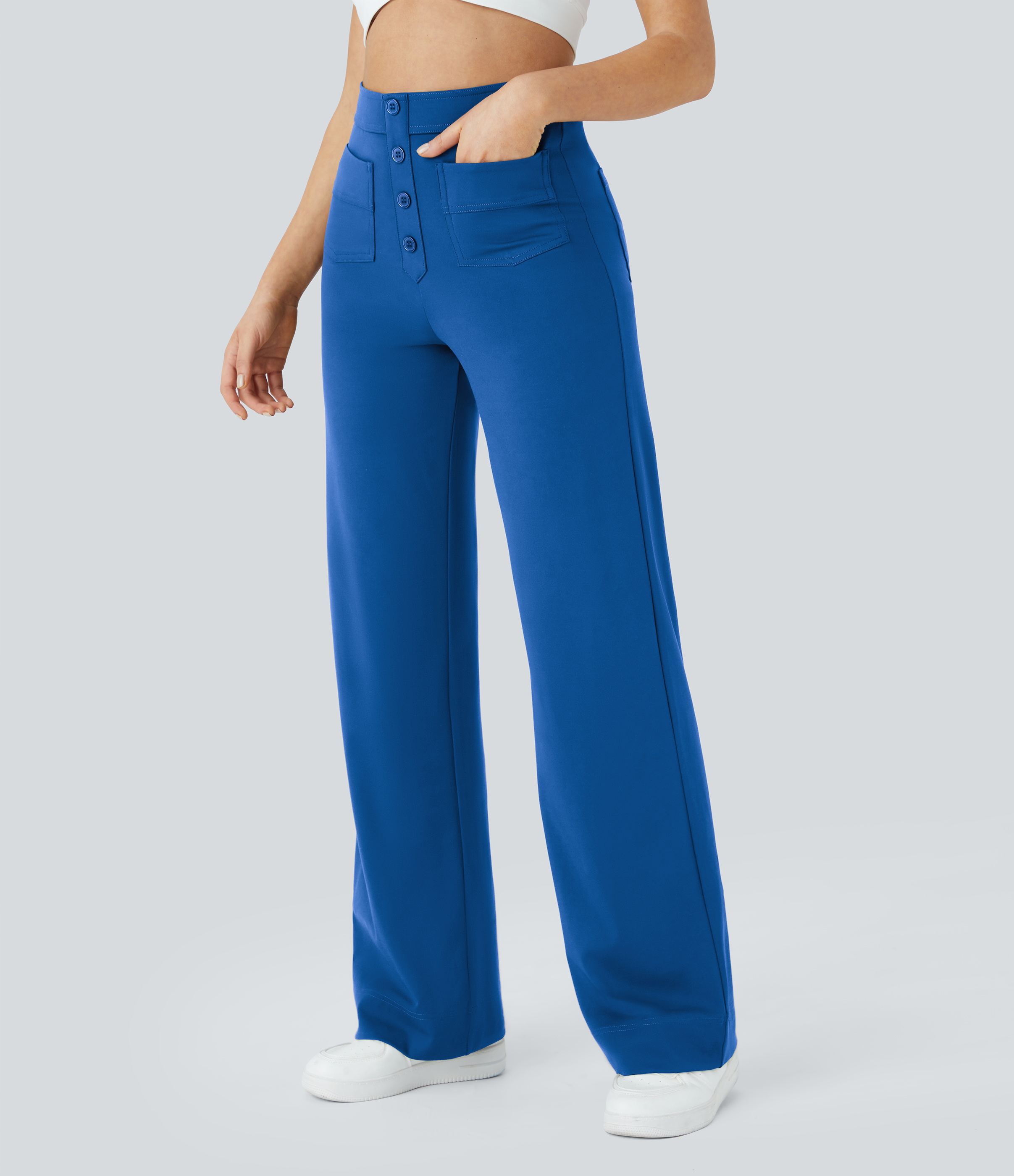 Halara High Waisted Button Multiple Pockets Straight Leg Casual Pants  - Victoria Blue - L(regular) sweatpants jogger pants 