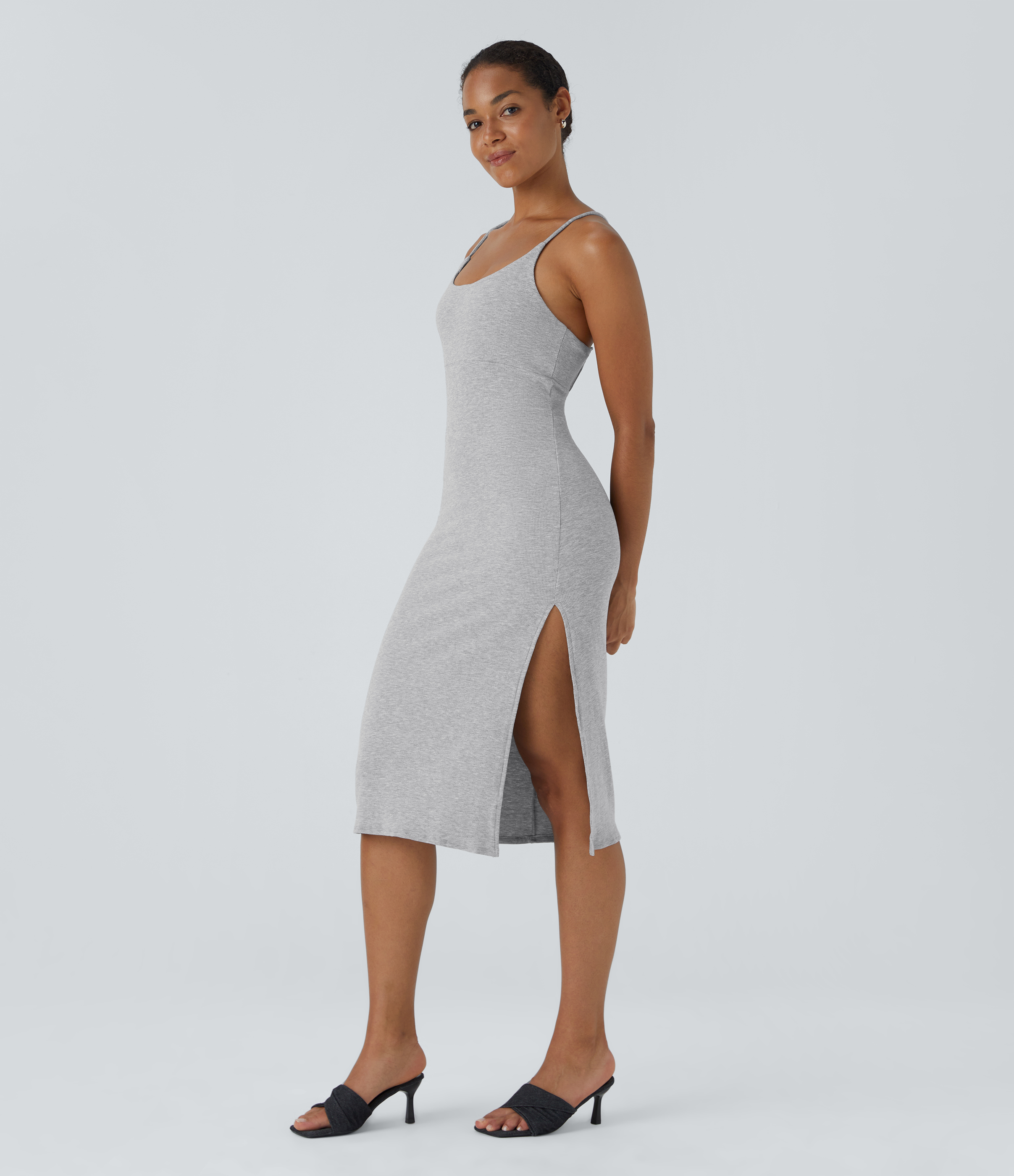 Halara Everyday Split Strap Bodycon Midi Chill Dress-Sensational Casual Dress - Sage Grey - XS slip dress beach dress ruched dress 
