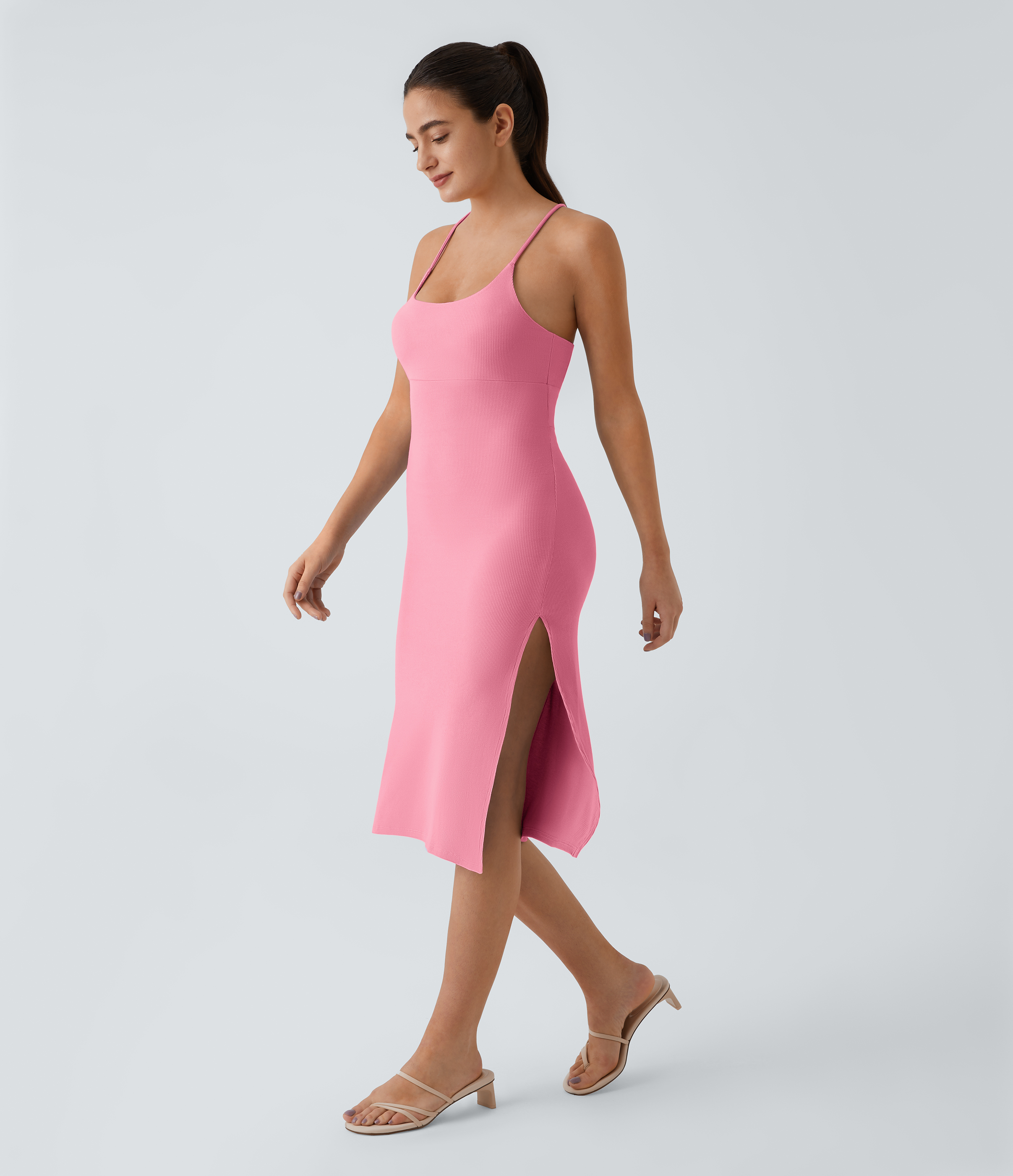 Halara Everyday Split Strap Bodycon Midi Chill Party Dress-Sensational Casual Dress - Prism Pink - S slip dress beach dress ruched dress 