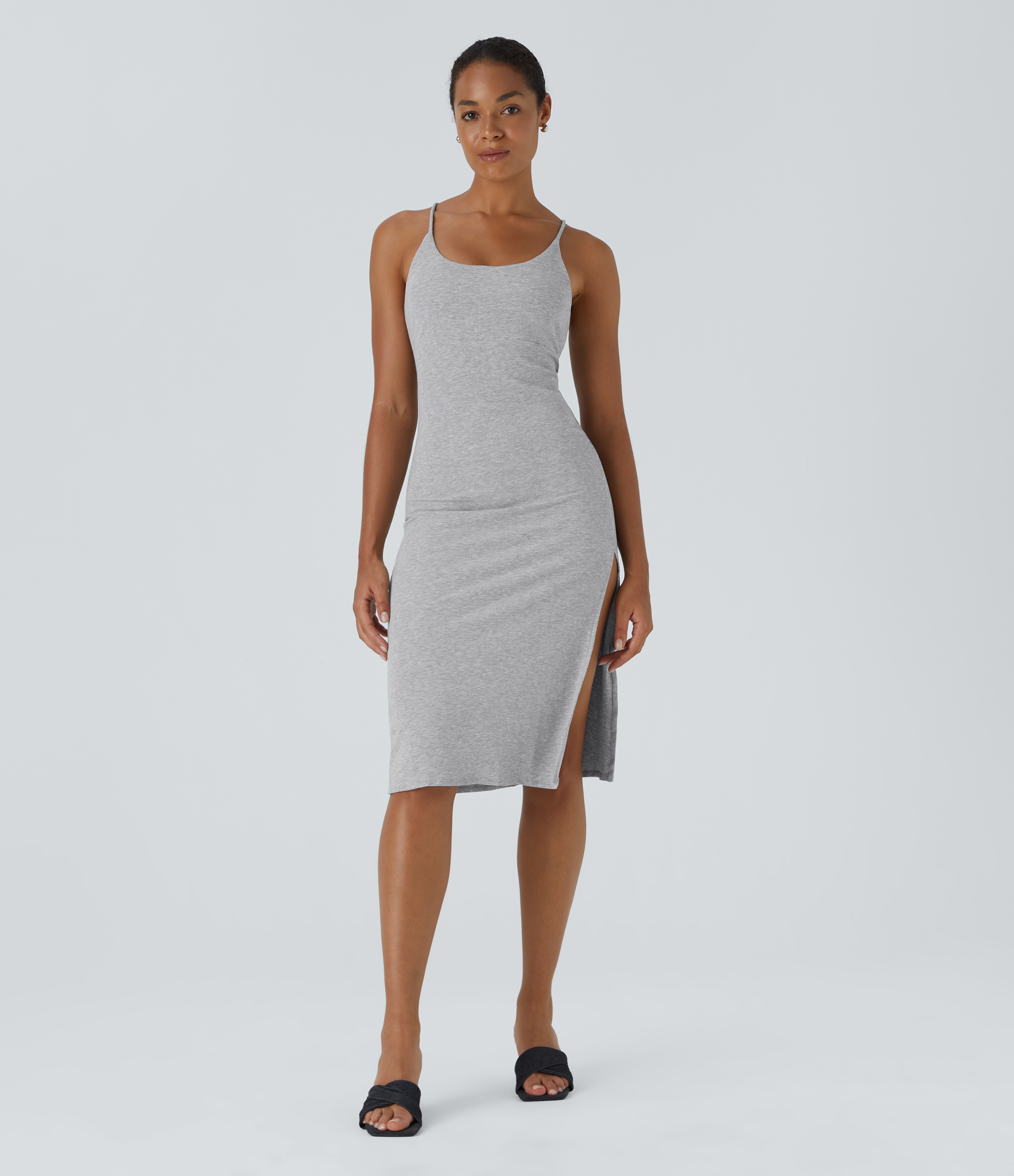 Halara Everyday Split Strap Bodycon Midi Chill Dress-Sensational Casual Dress - Sage Grey - XS slip dress beach dress ruched dress 