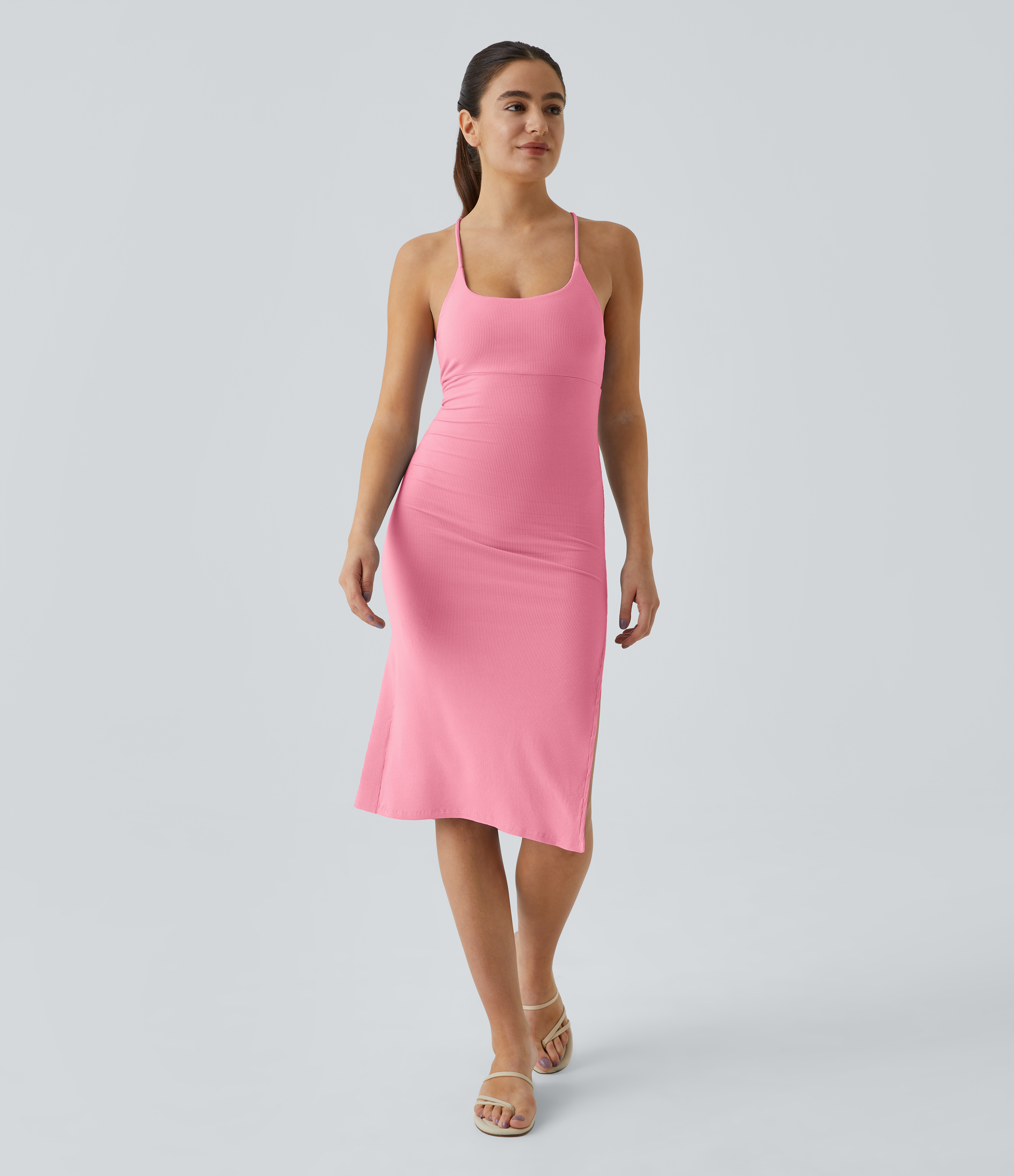 Halara Everyday Split Strap Bodycon Midi Chill Party Dress-Sensational Casual Dress - Prism Pink - S slip dress beach dress ruched dress 