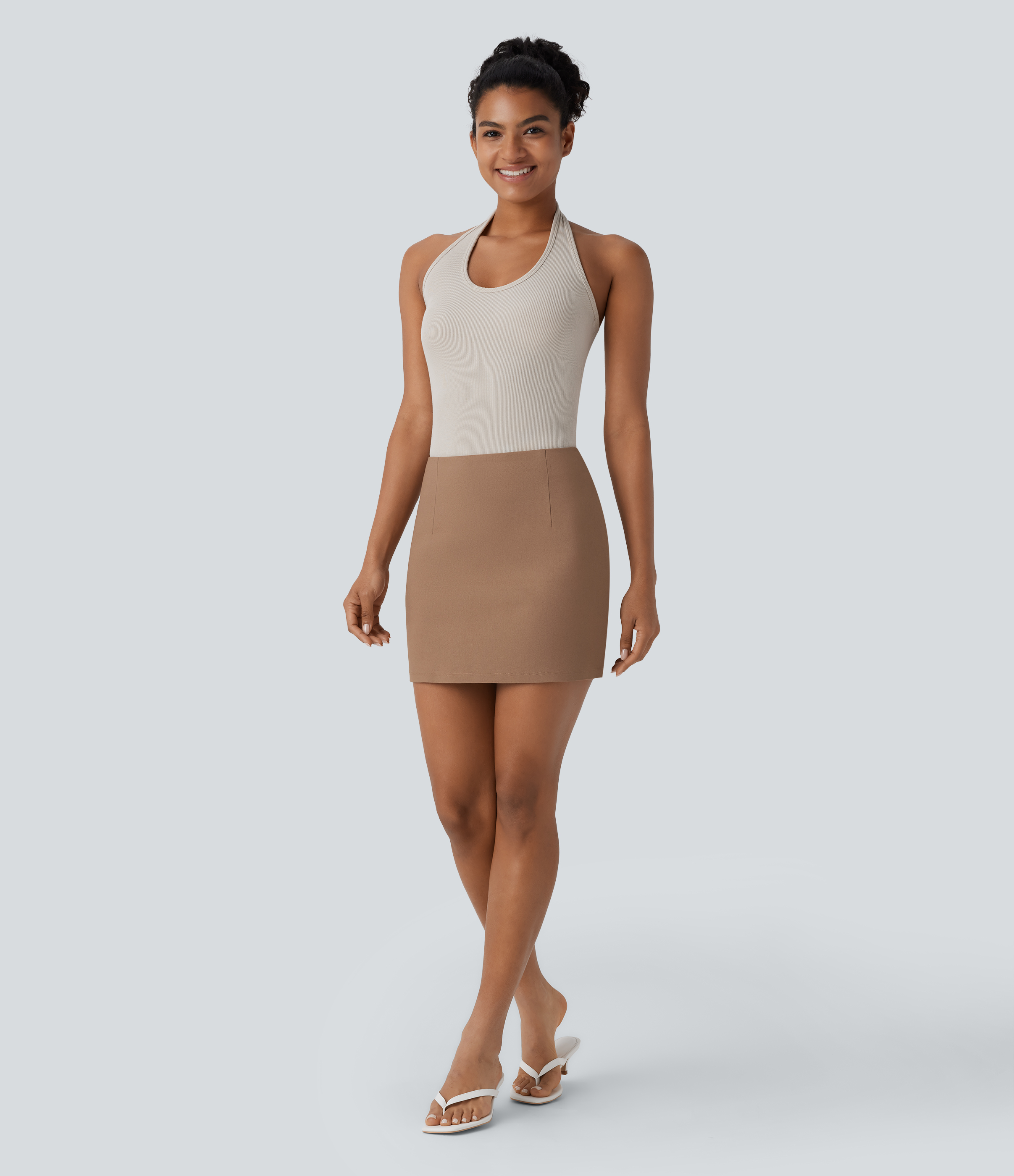Halara High Waisted Invisible Zipper 2-in-1 A Line Mini Casual Skirt  - Raw Umber - S 