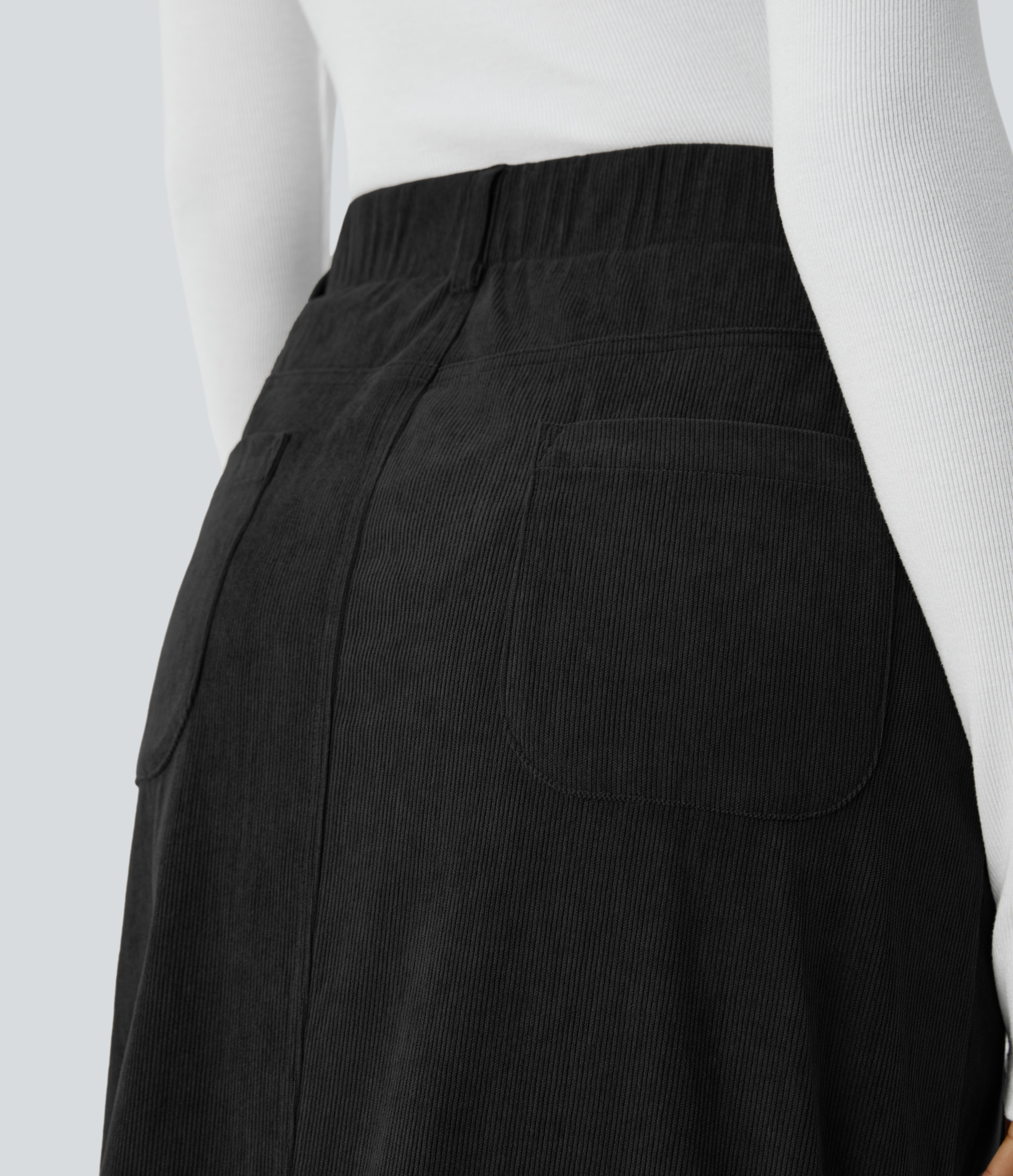 Halara High Waisted Plicated Multiple Pockets Button Front Midi Casual Corduroy Skirt  - Black - XS(regular) 