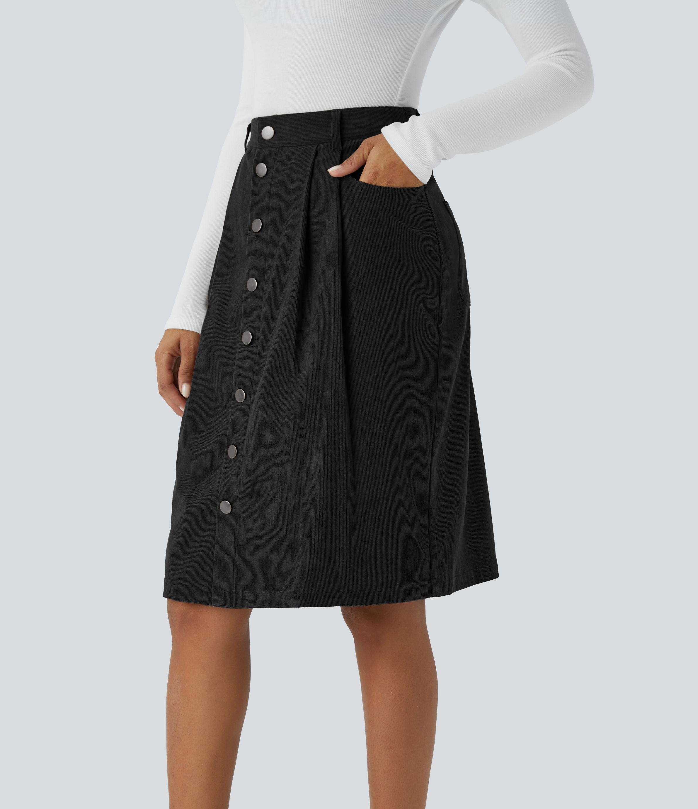 Halara High Waisted Plicated Multiple Pockets Button Front Midi Casual Corduroy Skirt  - Black - XS(regular) 