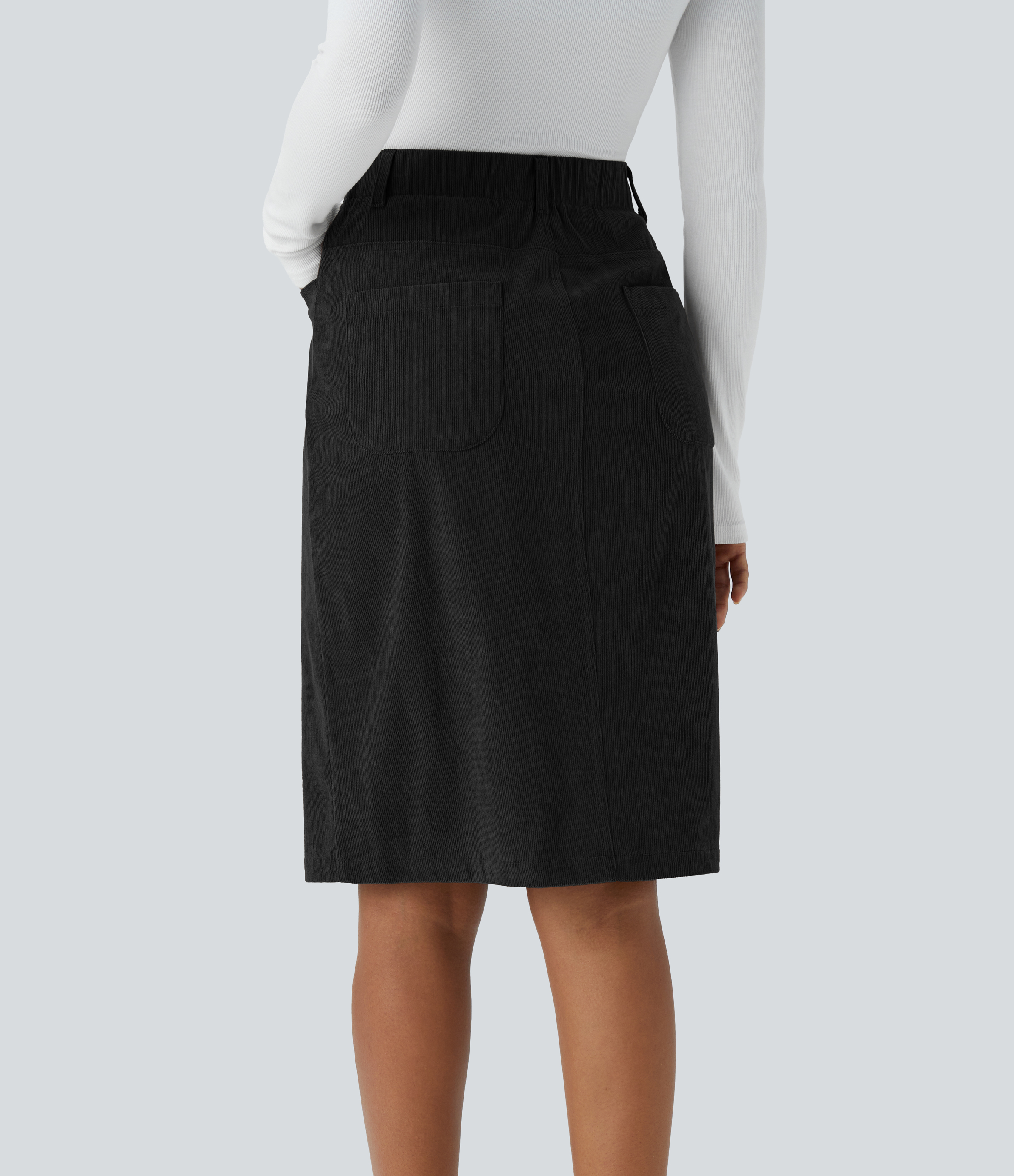 Halara High Waisted Plicated Multiple Pockets Button Front Midi Casual Corduroy Skirt  - Black - XS(regular) 