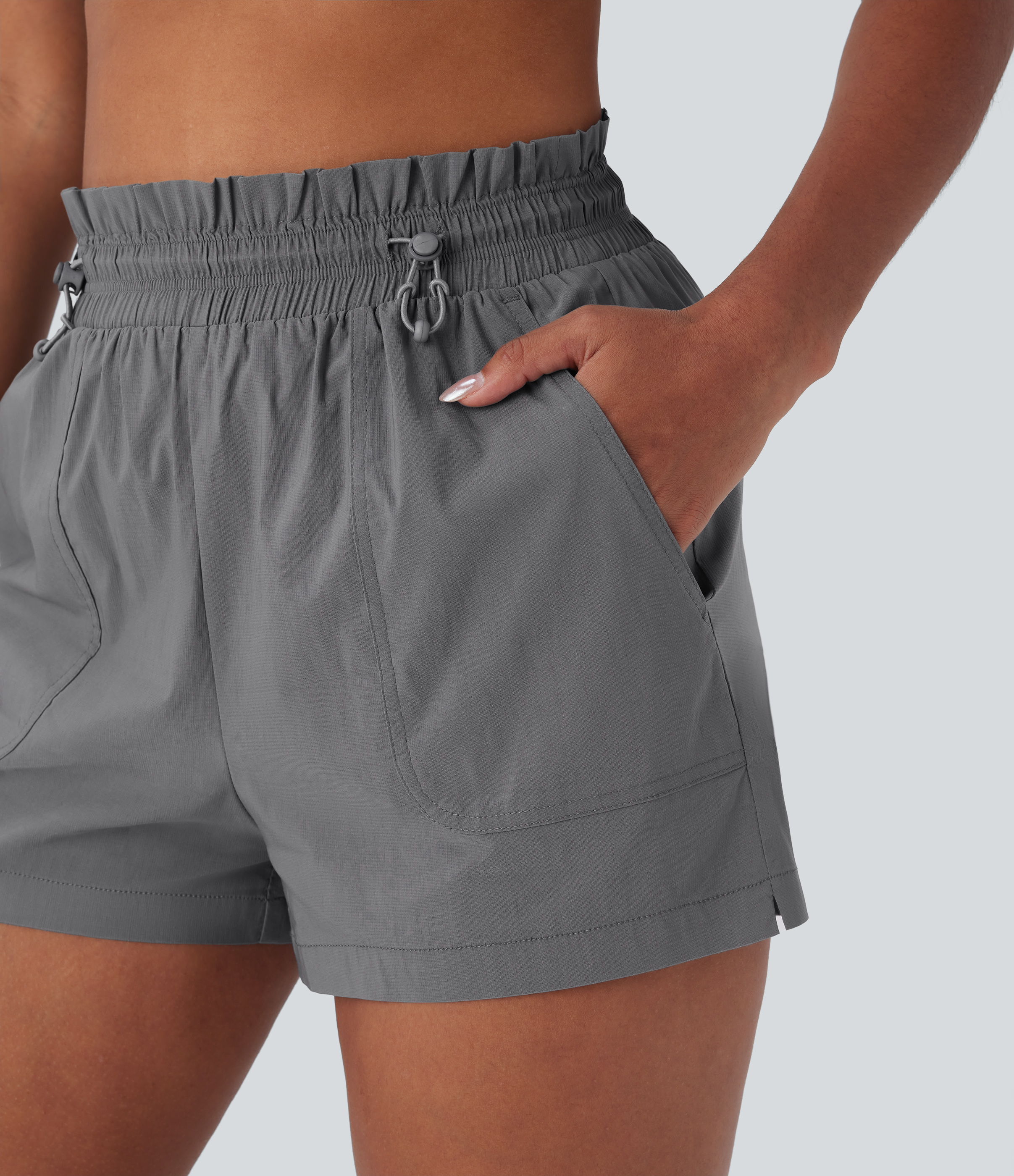 Halara High Waisted Drawstring Multiple Pockets Split Running Shorts Gym Short - Mockingbird - S booty shorts compression shorts yoga shorts 