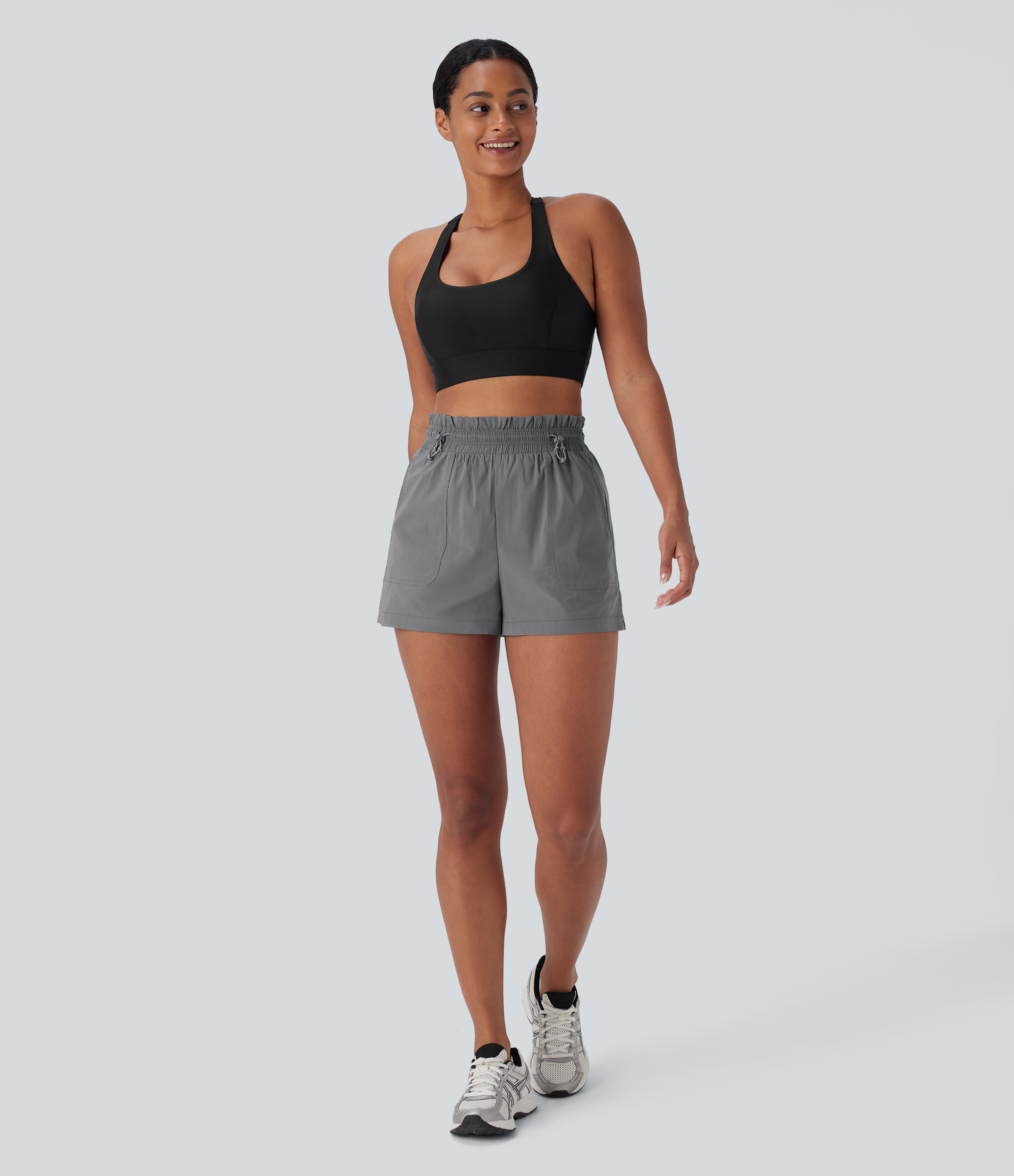 Halara High Waisted Drawstring Multiple Pockets Split Running Shorts Gym Short - Mockingbird - S booty shorts compression shorts yoga shorts 