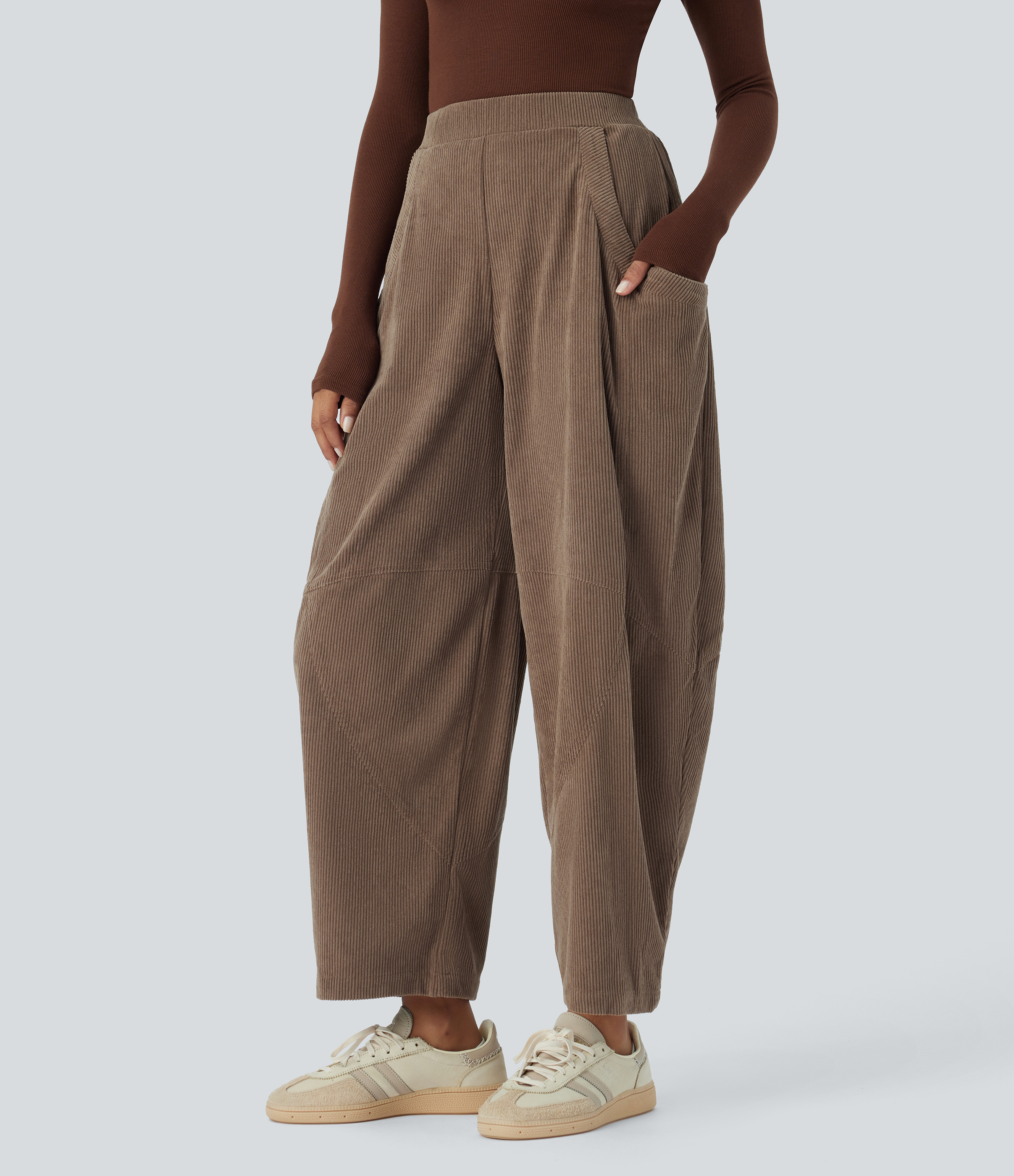 Halara High Waisted Side Pocket Corduroy Casual Wide Leg Pants  - Cocoa Brown - XL(regular) sweatpants jogger pants stacked sweatpants 
