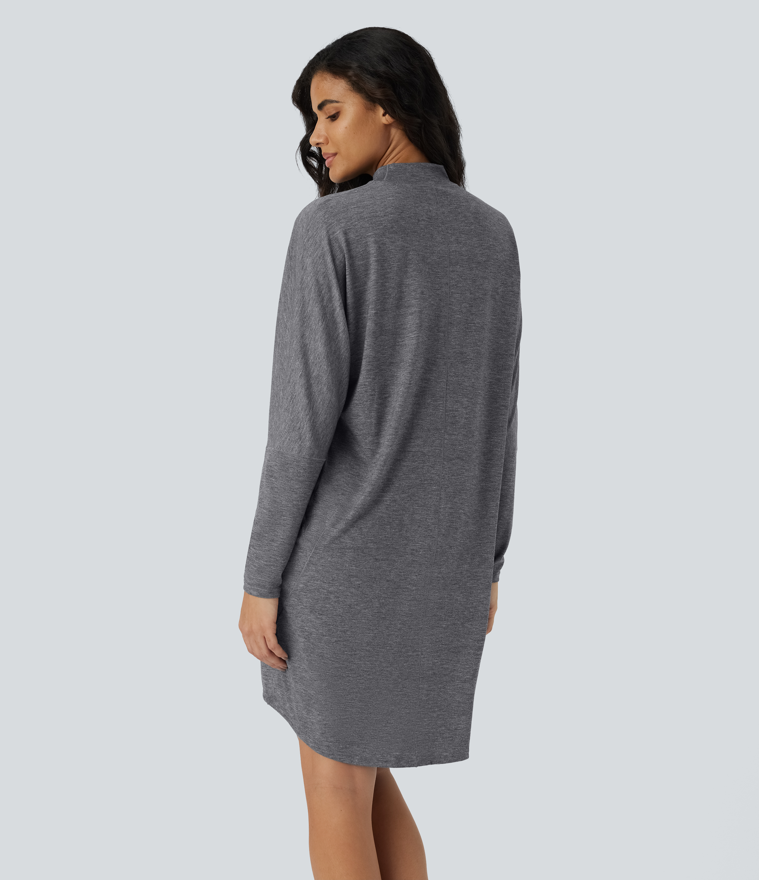 Halara Mock Neck Long Sleeve Mini Lounge Dress Casual Dress - Darl Gray Floral Yarn - M slip dress beach dress ruched dress halter dress 