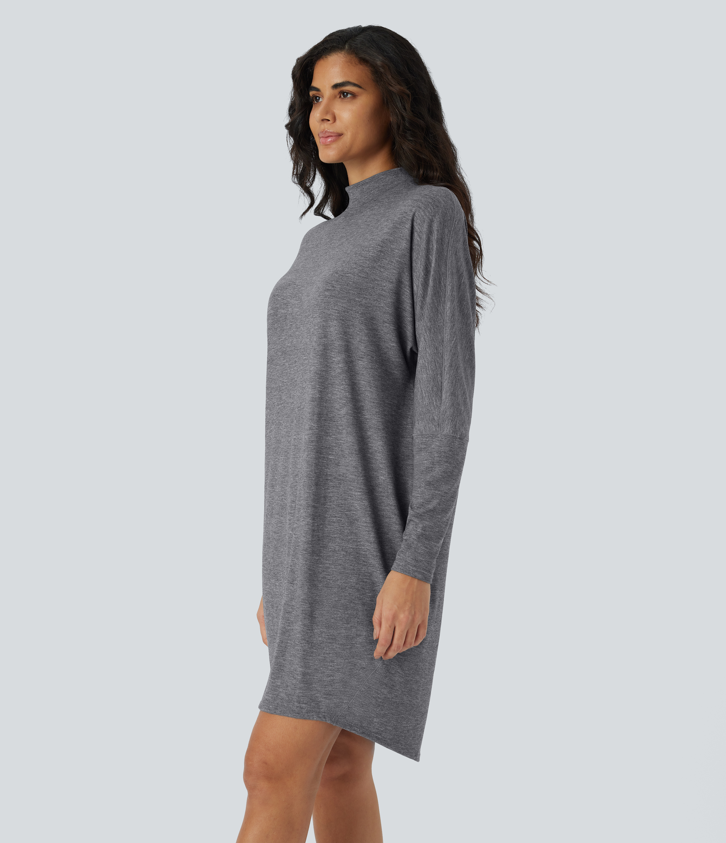 Halara Mock Neck Long Sleeve Mini Lounge Dress Casual Dress - Darl Gray Floral Yarn - M slip dress beach dress ruched dress halter dress 