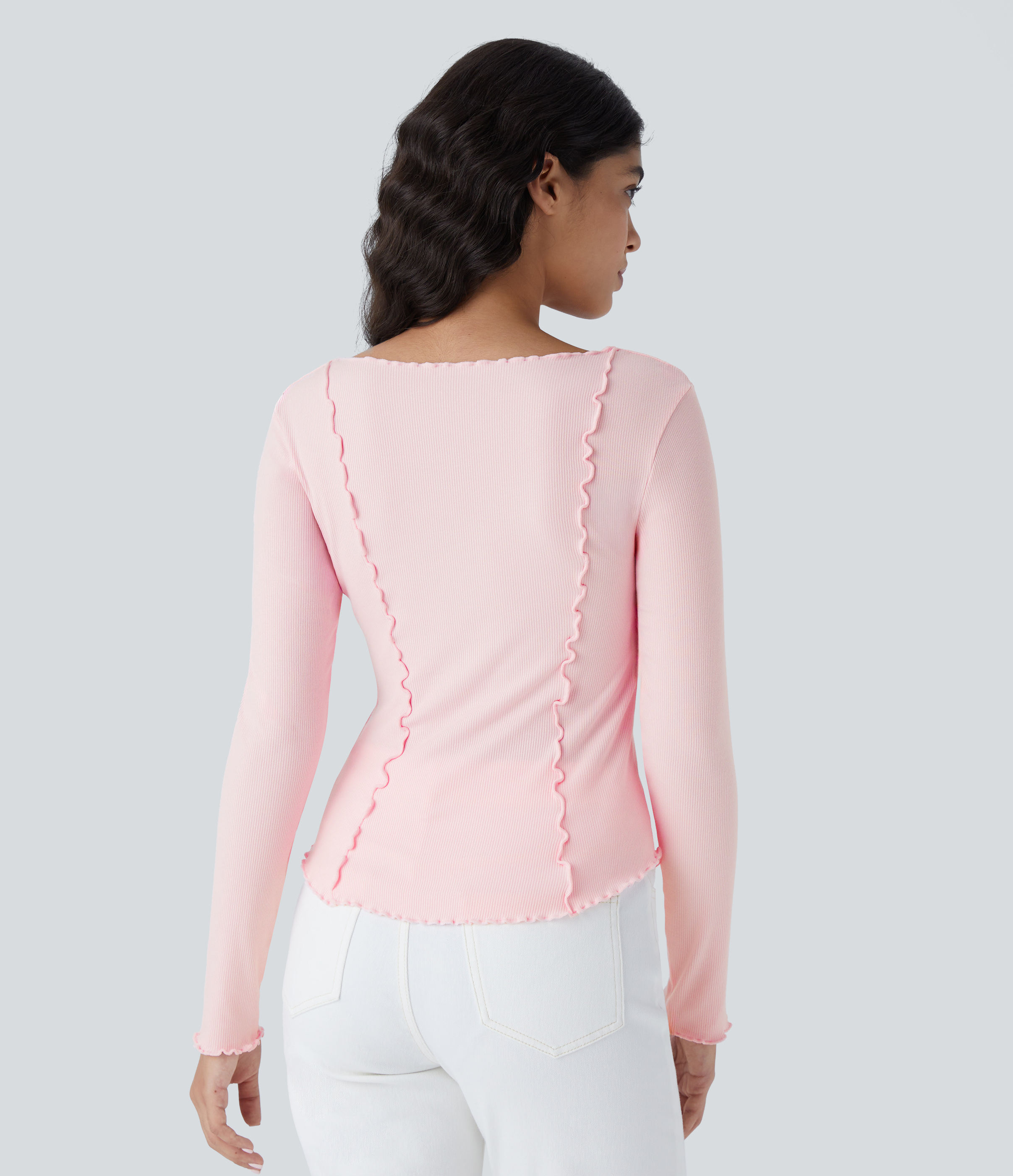 Halara Ribbed Knit Square Neck Lettuce Trim Asymmetrical Hem Slim Casual Top  - Rose Haze Pink - M 