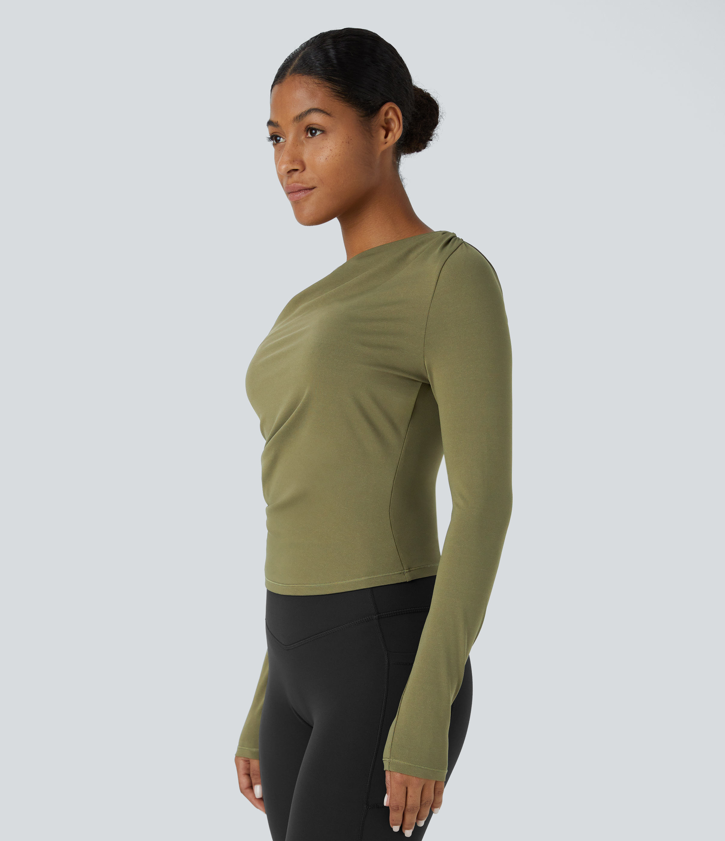 Halara Crossover V Neck Ruched Slim Casual Sports Top  - Capulet Olive - L 