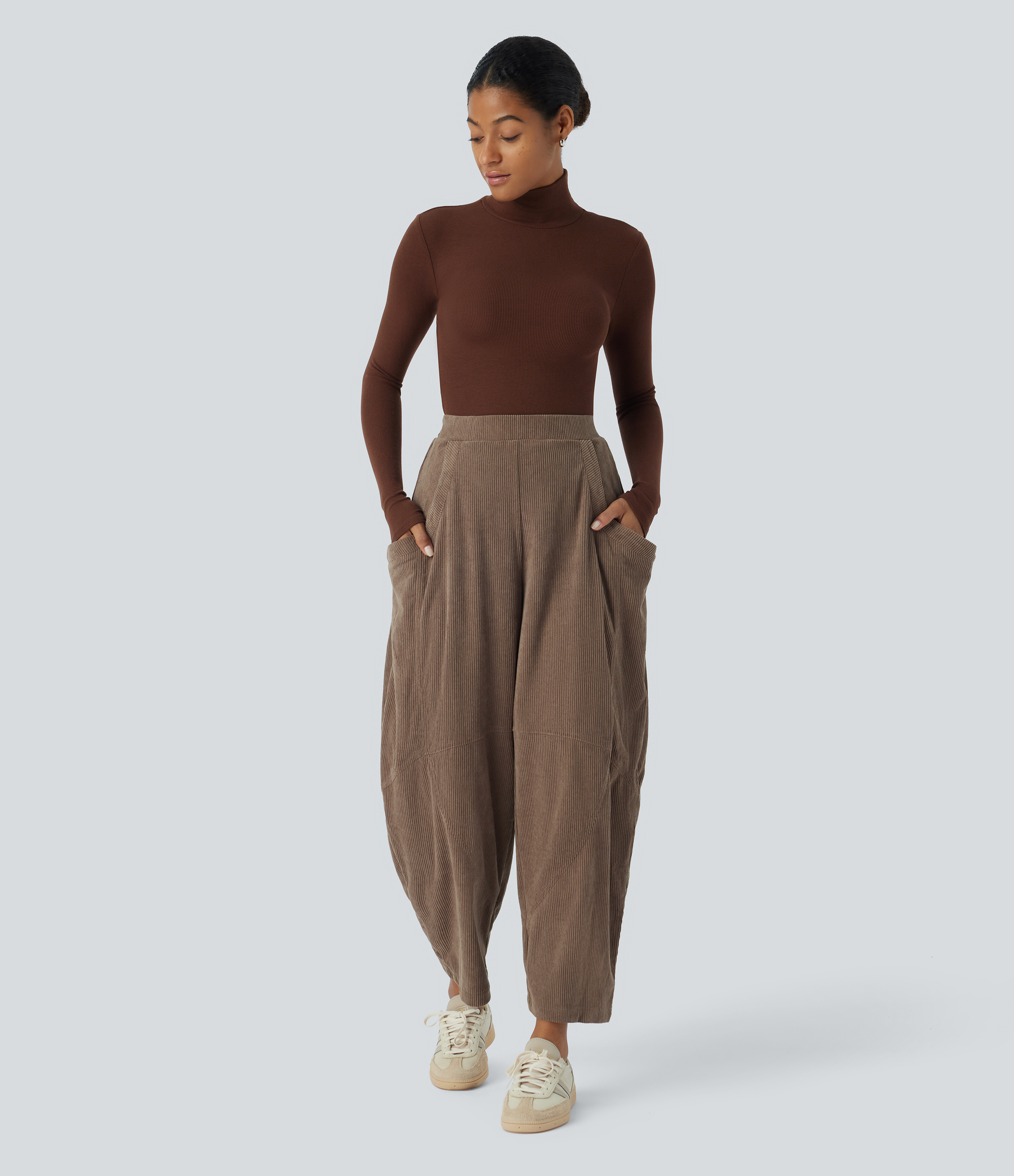 Halara High Waisted Side Pocket Corduroy Casual Wide Leg Pants  - Cocoa Brown - XL(regular) sweatpants jogger pants stacked sweatpants 