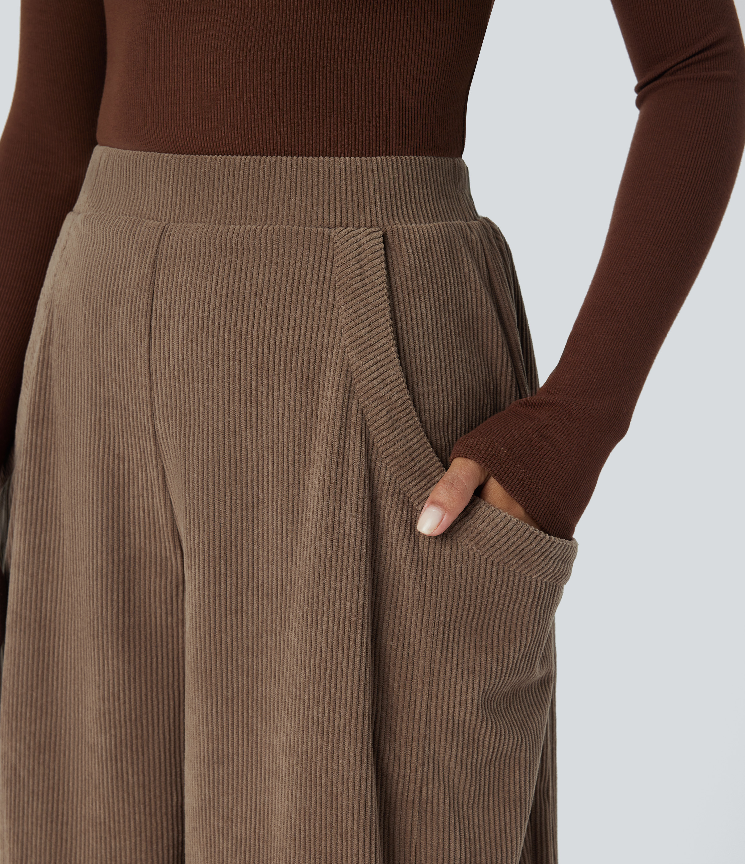 Halara High Waisted Side Pocket Corduroy Casual Wide Leg Pants  - Cocoa Brown - XL(regular) sweatpants jogger pants stacked sweatpants 
