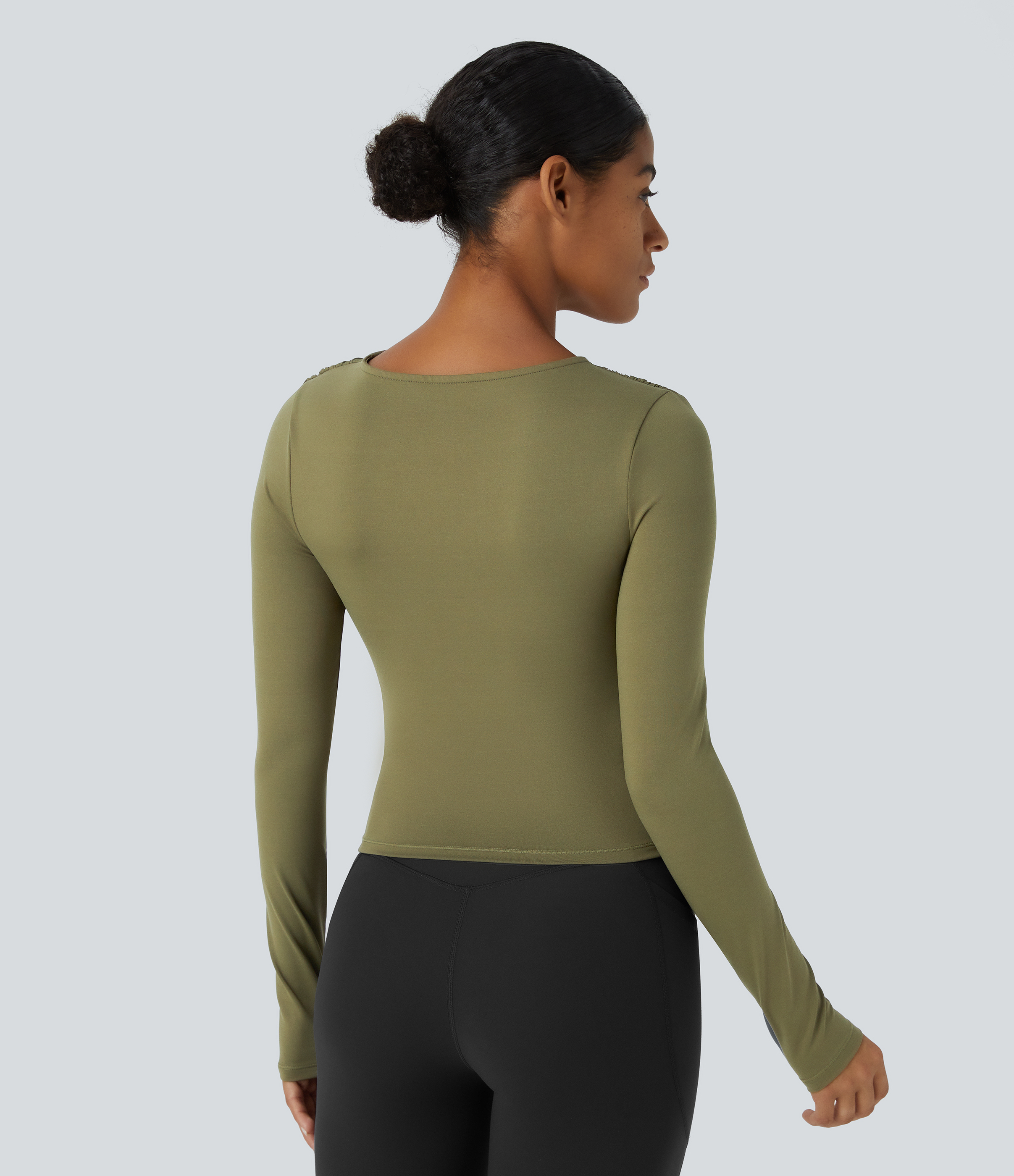 Halara Crossover V Neck Ruched Slim Casual Sports Top  - Capulet Olive - L 