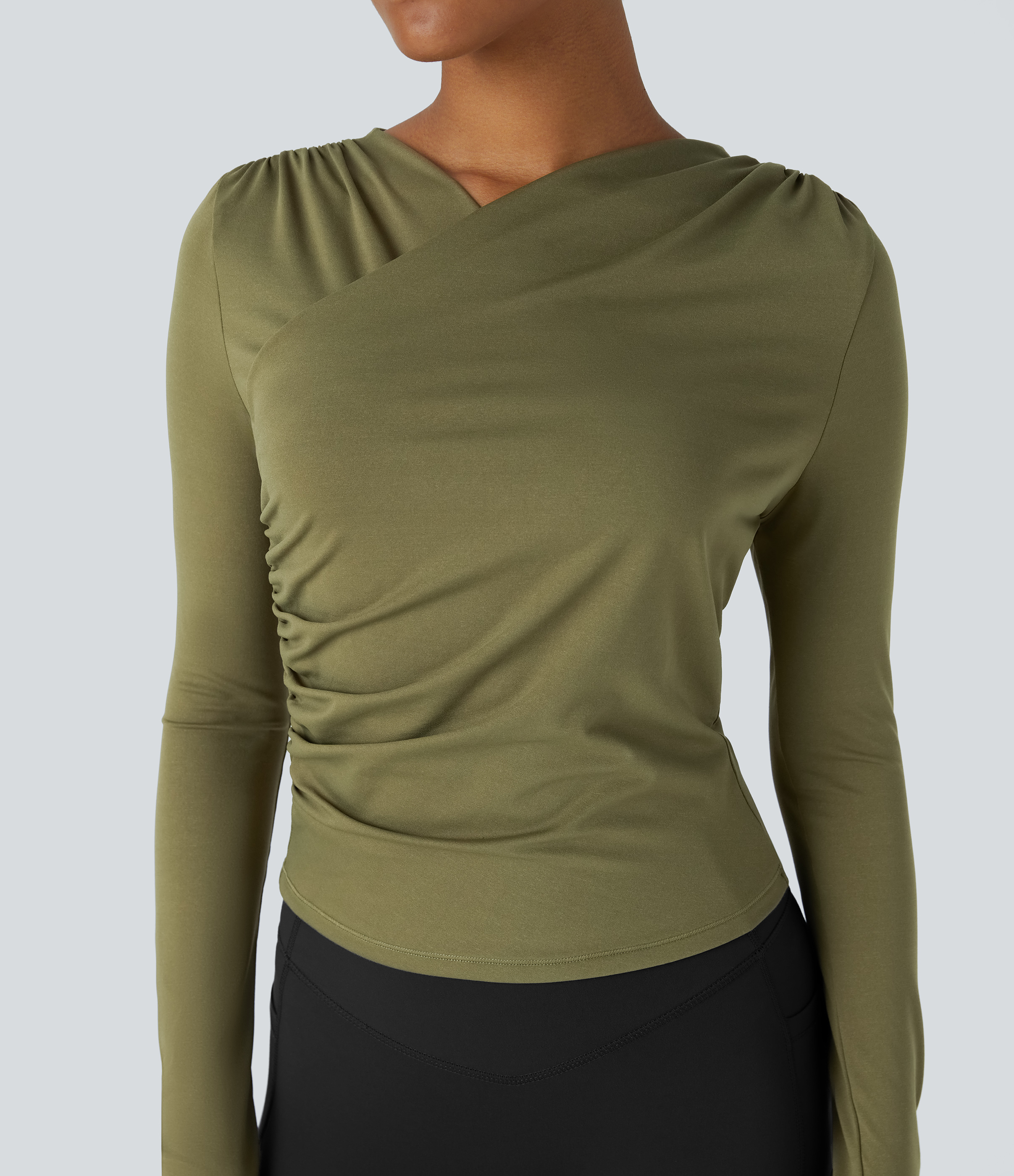 Halara Crossover V Neck Ruched Slim Casual Sports Top  - Capulet Olive - L 