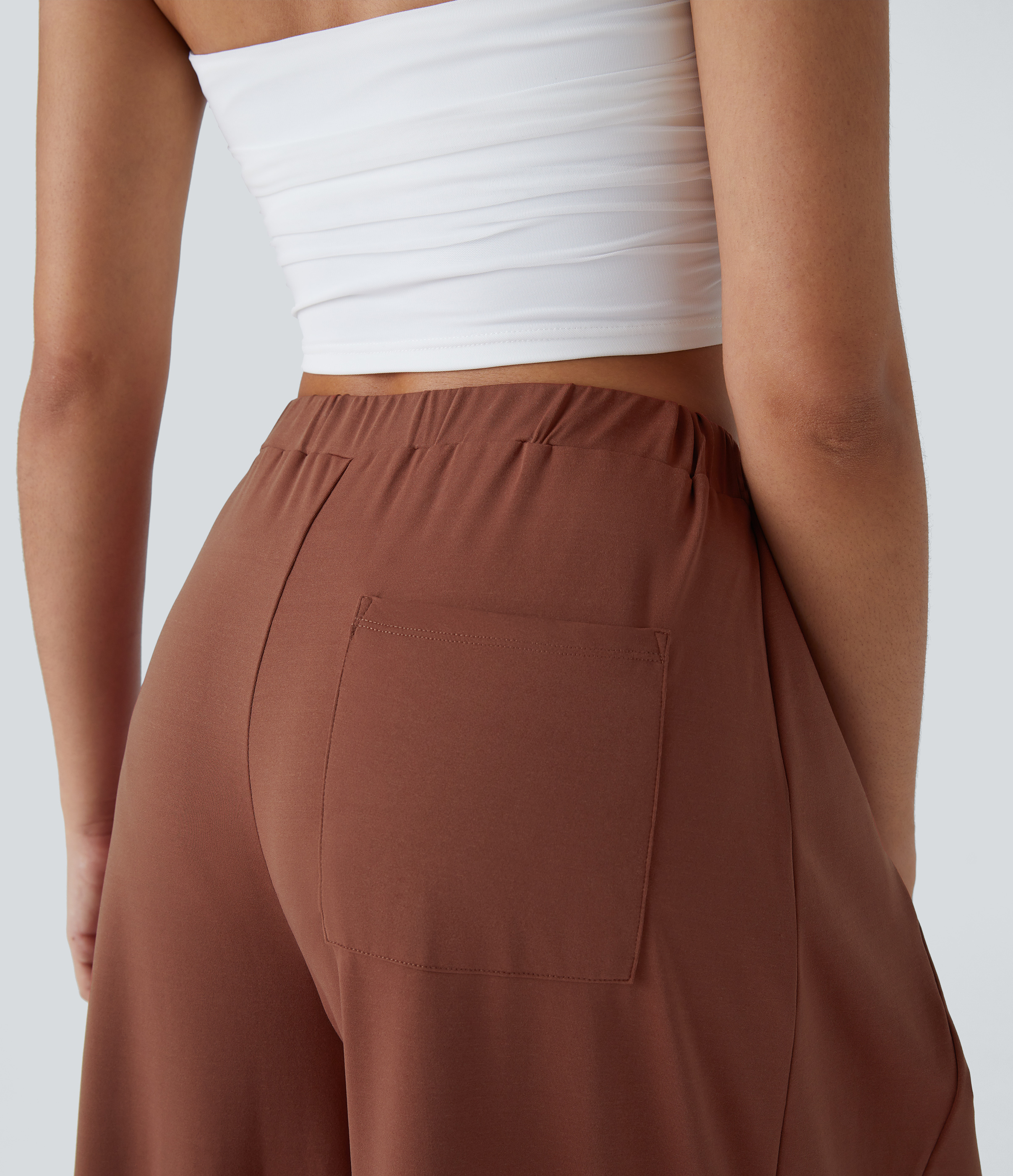 Halara High Waisted Tie Front Side Pocket Flowy Wide Leg Casual Pants  - Maple Syrup - S(regular) 