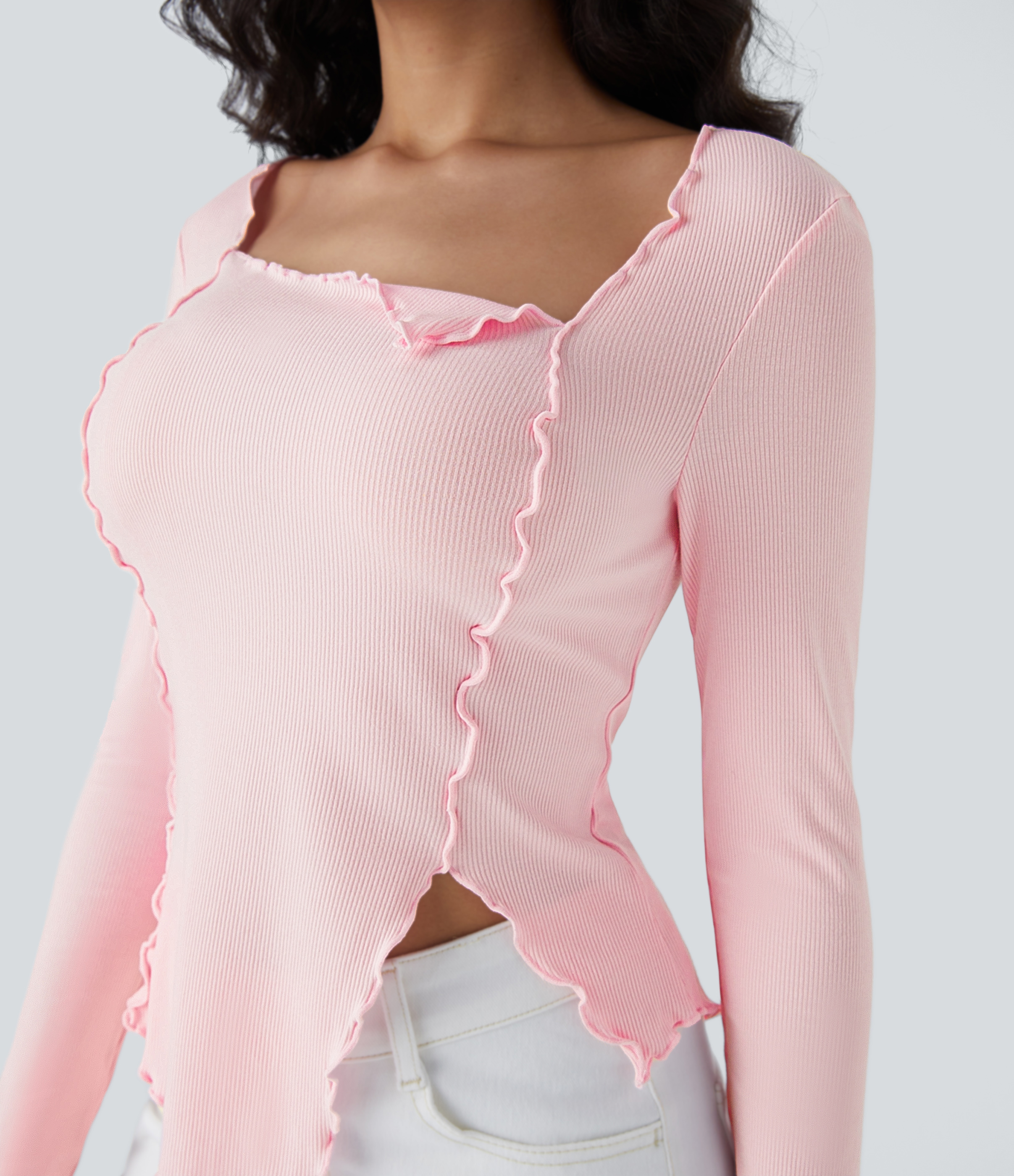 Halara Ribbed Knit Square Neck Lettuce Trim Asymmetrical Hem Slim Casual Top  - Rose Haze Pink - M 