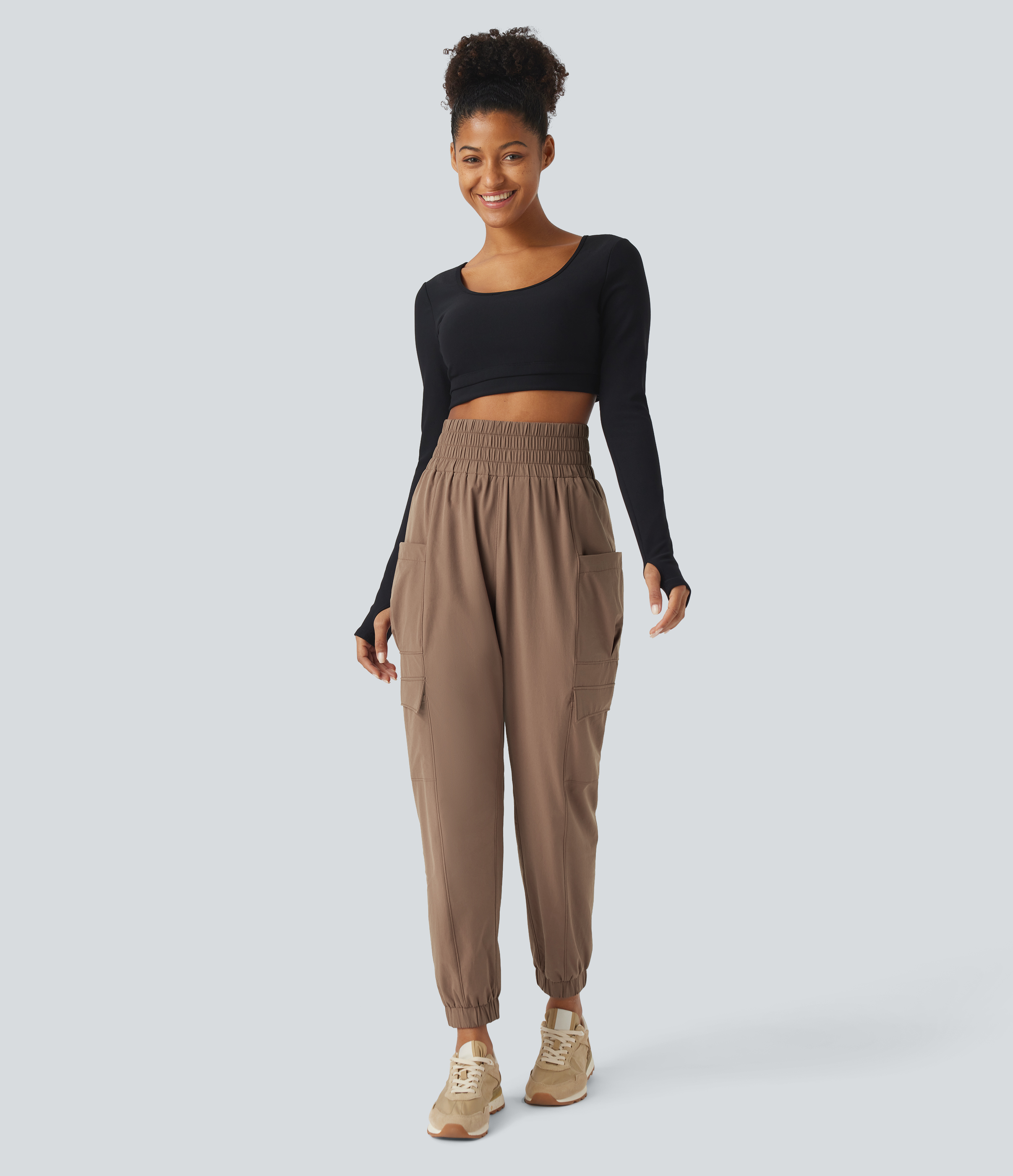 Halara Super High Waisted Foldover Plicated Multiple Pockets Hiking Cargo Joggers  - Muted Brown - M(regular) 