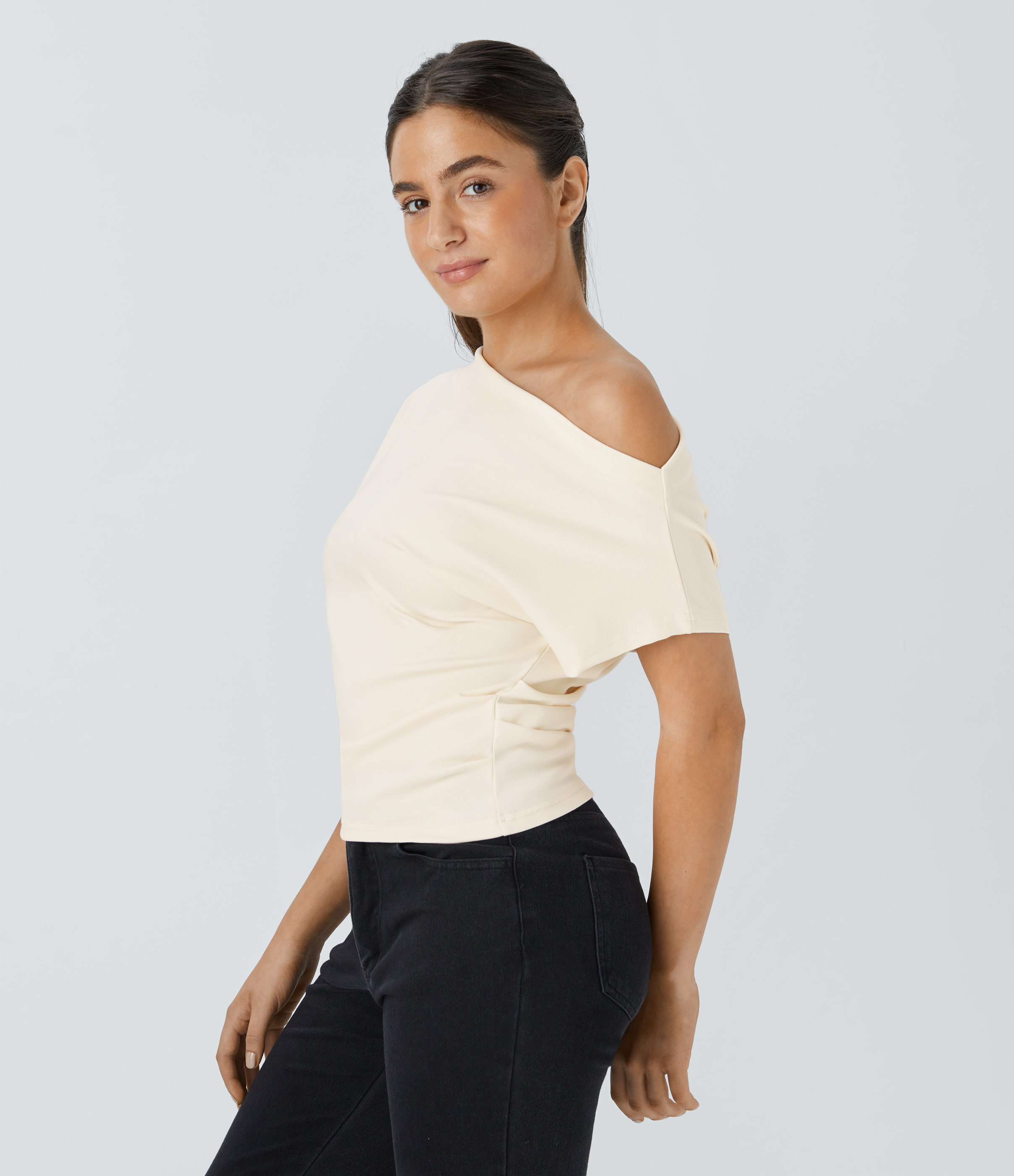 Halara Off Shoulder Short Sleeve Ruched Casual Cotton Top Tank Top - Whisper White - S golf tops halter top tunic tops sleeveless tops 