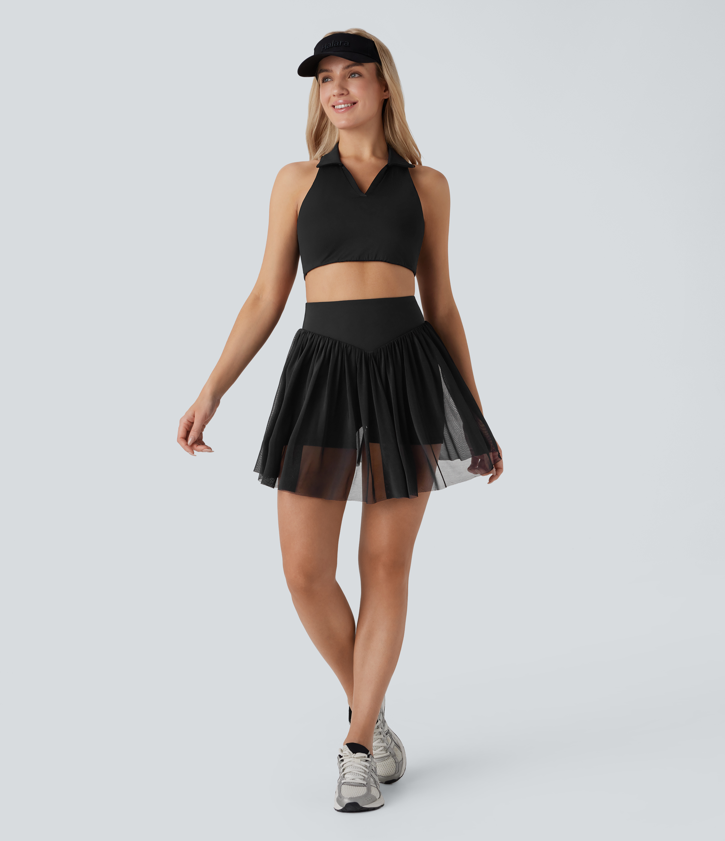 Halara SoCinched High Waisted Tummy Control 2-in-1 Side Pocket Mesh Mini Pickleball Skirt  - Carbon Black - S(regular) 