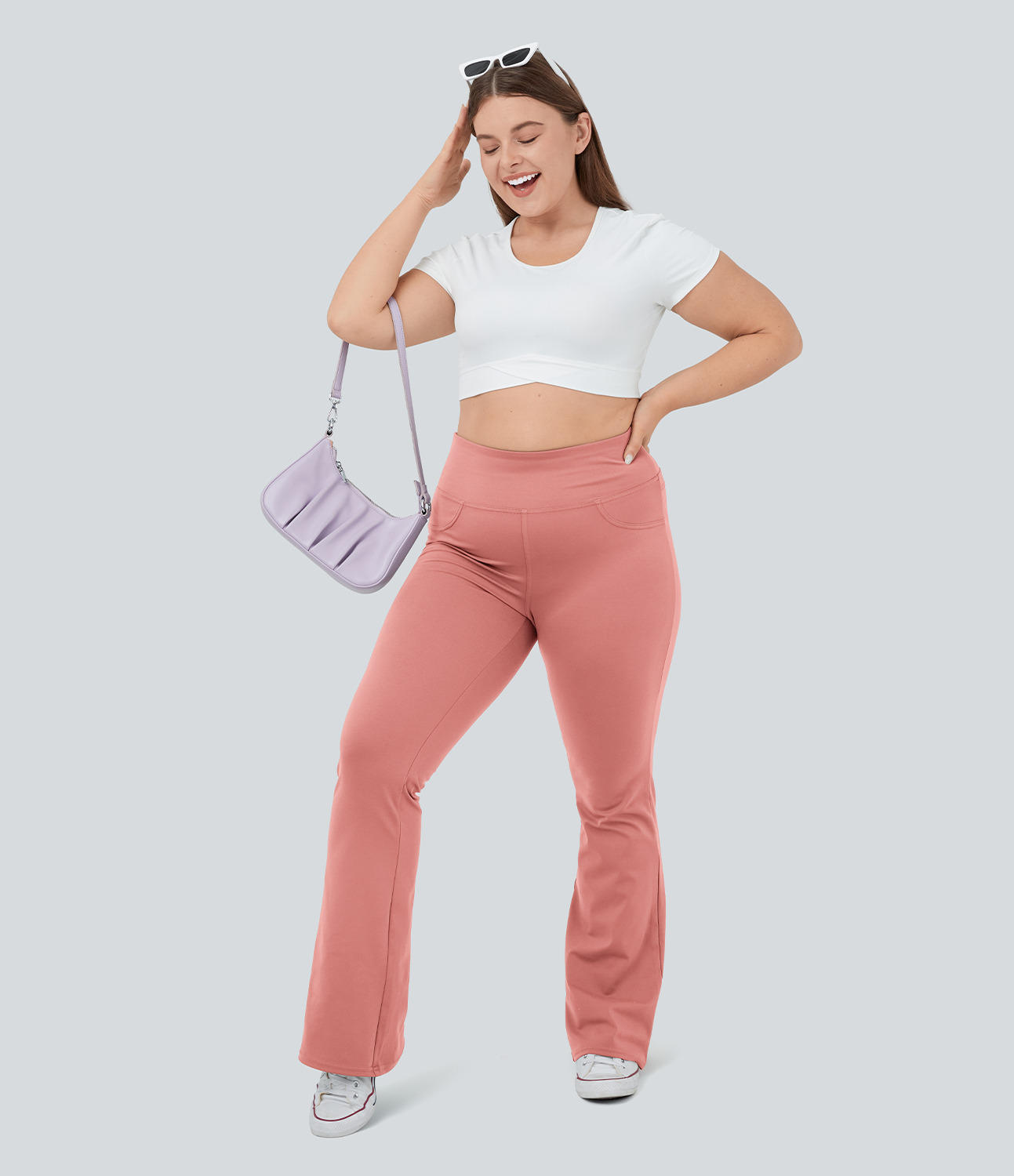 Halara High Waisted Back Pocket Flare Yoga Plus Size Leggings  - Candy Pink - 1X(regular) 
