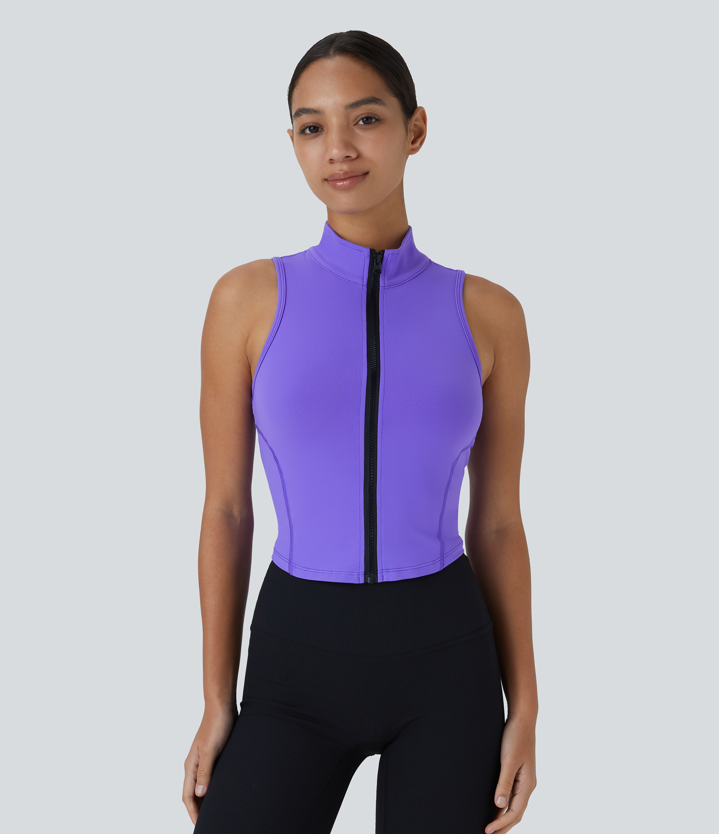 Halara Mock Neck Zip Front Sleeveless Cropped Tank Top Tank Top - Jade Purple - XL golf tops halter top tunic tops sleeveless tops 