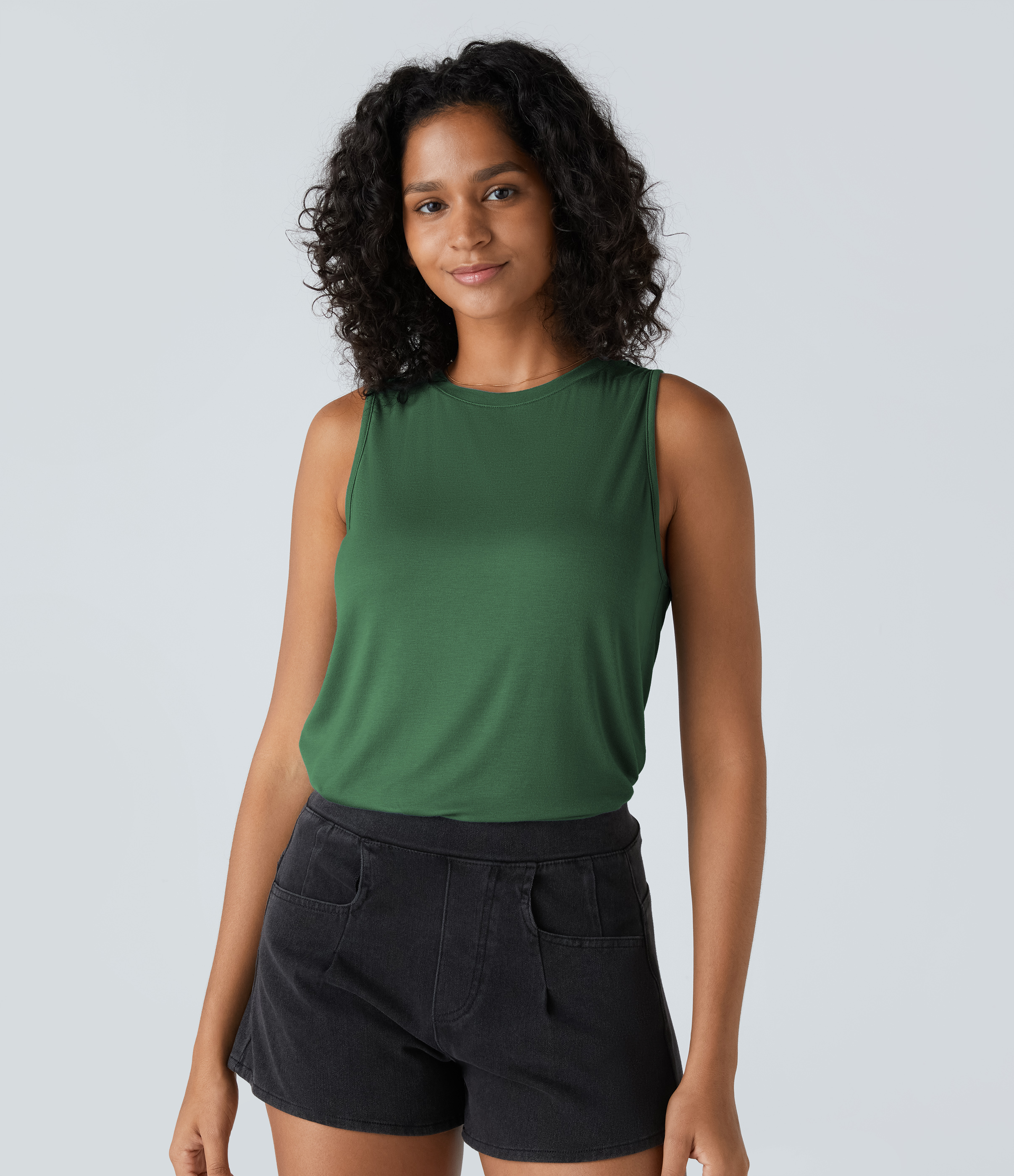 Halara Ribbed Round Neck Basic Casual Tank Top Tank Top - Dark Verdant Green - XS golf tops halter top tunic tops sleeveless tops 