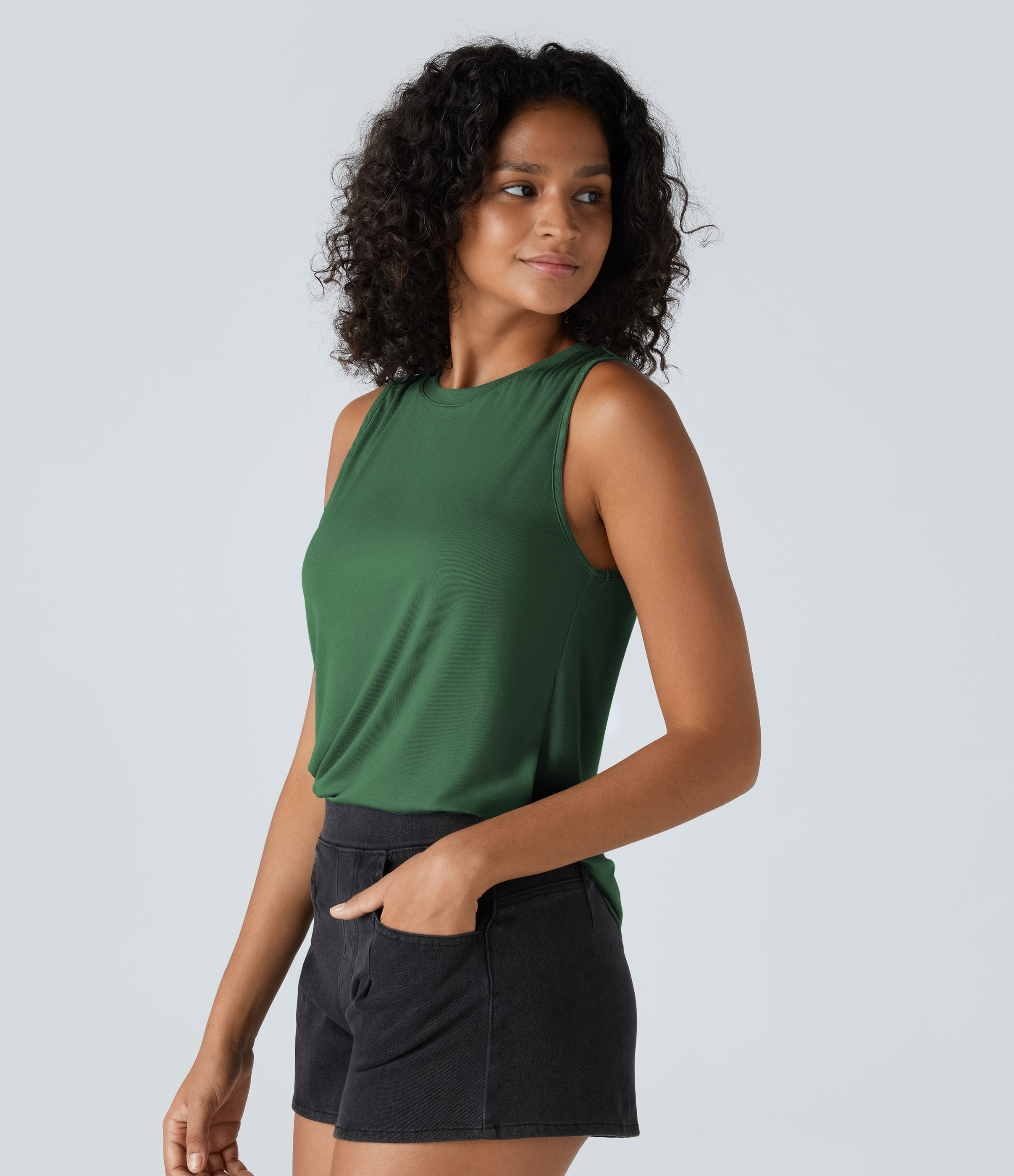 Halara Ribbed Round Neck Basic Casual Tank Top Tank Top - Dark Verdant Green - XS golf tops halter top tunic tops sleeveless tops 
