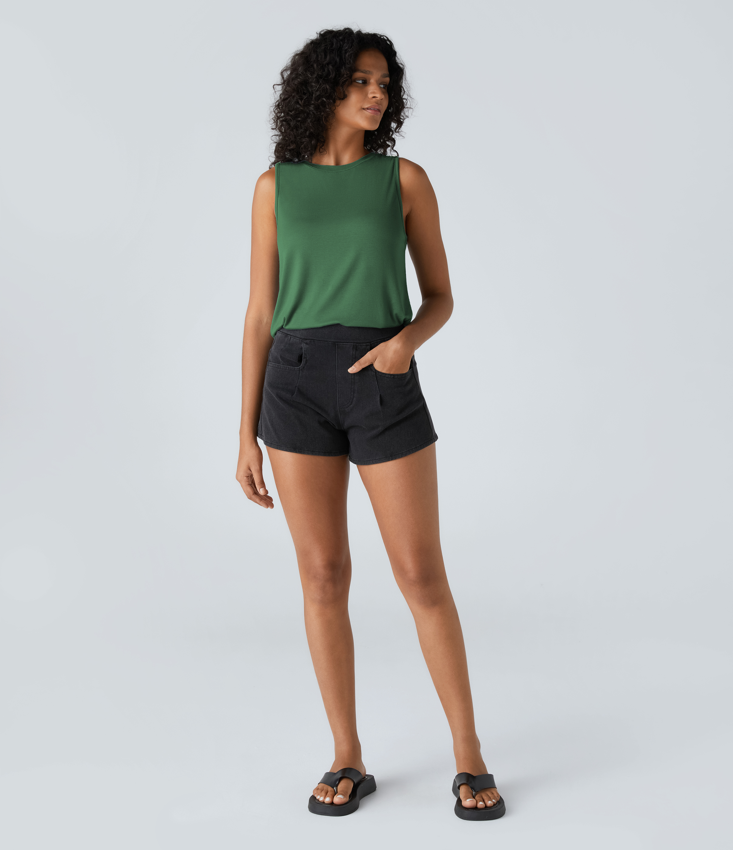 Halara Ribbed Round Neck Basic Casual Tank Top Tank Top - Dark Verdant Green - XS golf tops halter top tunic tops sleeveless tops 