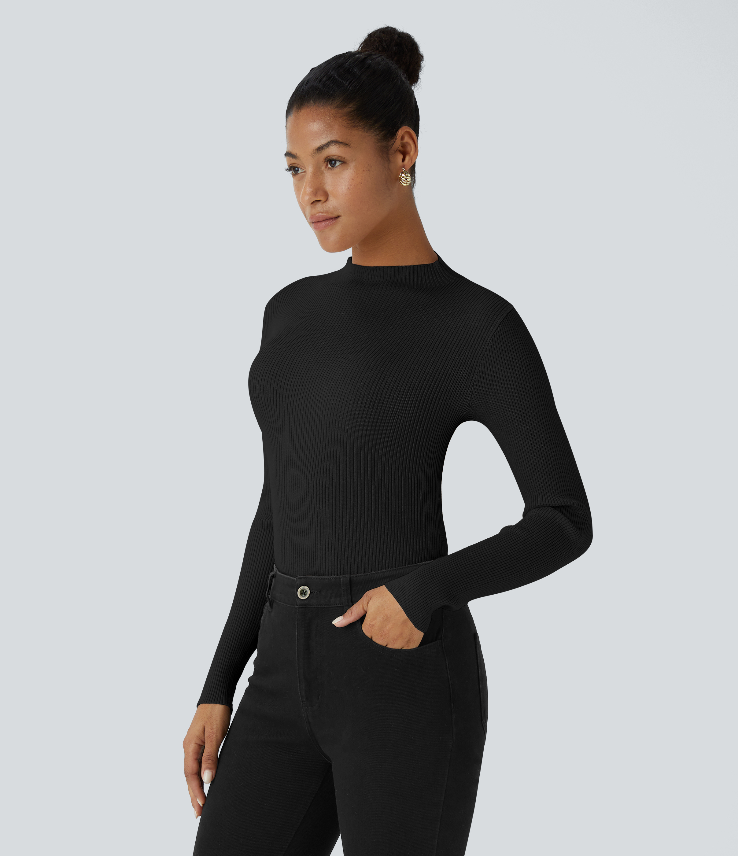 Halara Ribbed Knit Round Neck Long Sleeve Casual Sweater  - Black - XS 