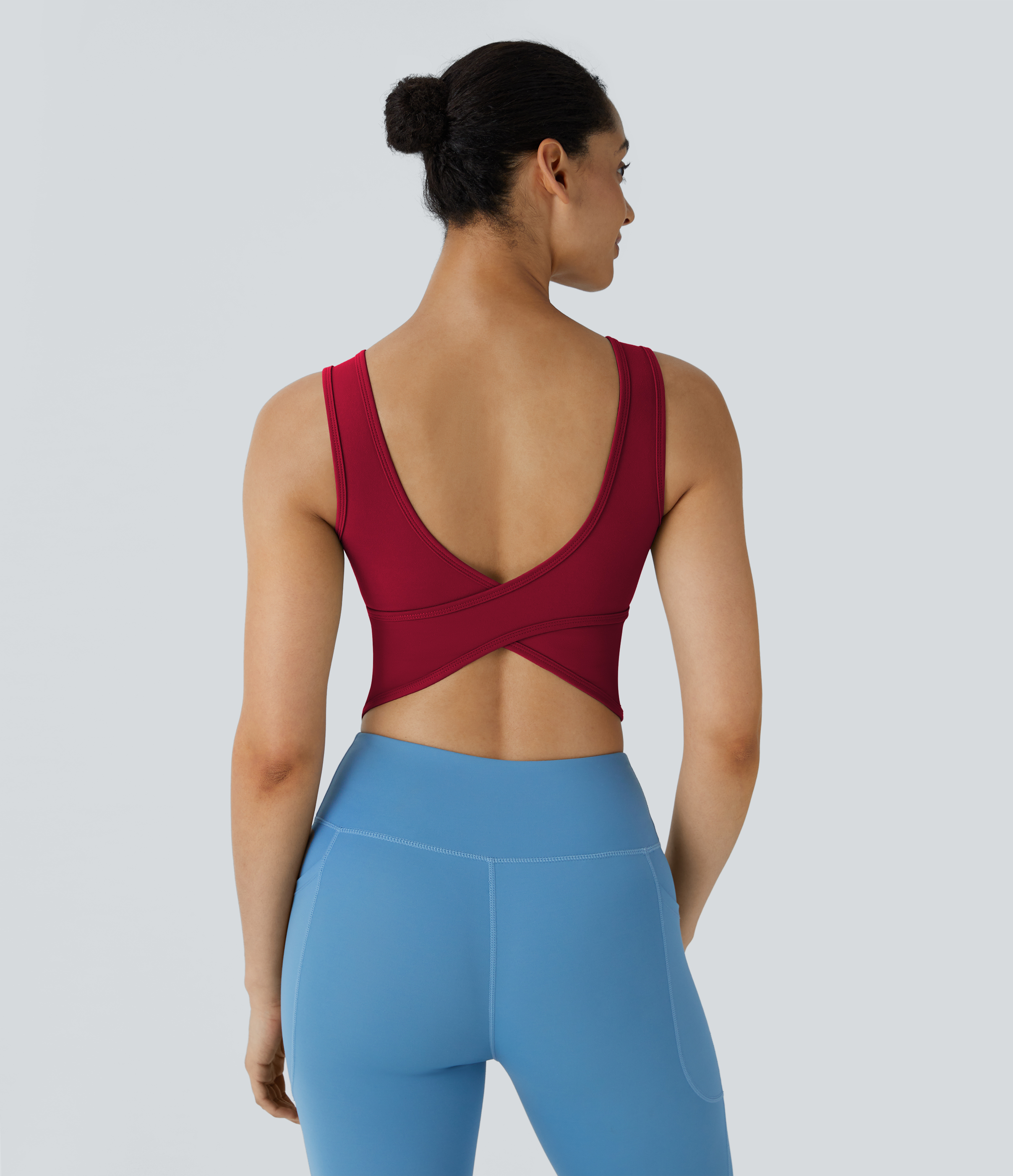 Halara U Neck Backless Crossover Barre Ballet Dance Tank Top Tank Top - Scarlet Sage - XL golf tops halter top tunic tops sleeveless tops 