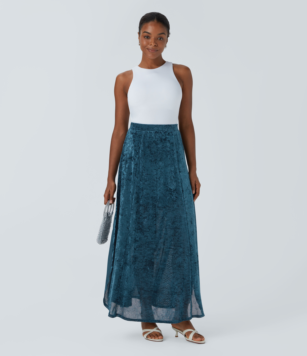 Halara Sheer High Waisted Split Velvet Maxi Party Skirt  - Deep Dive - XL(regular) 