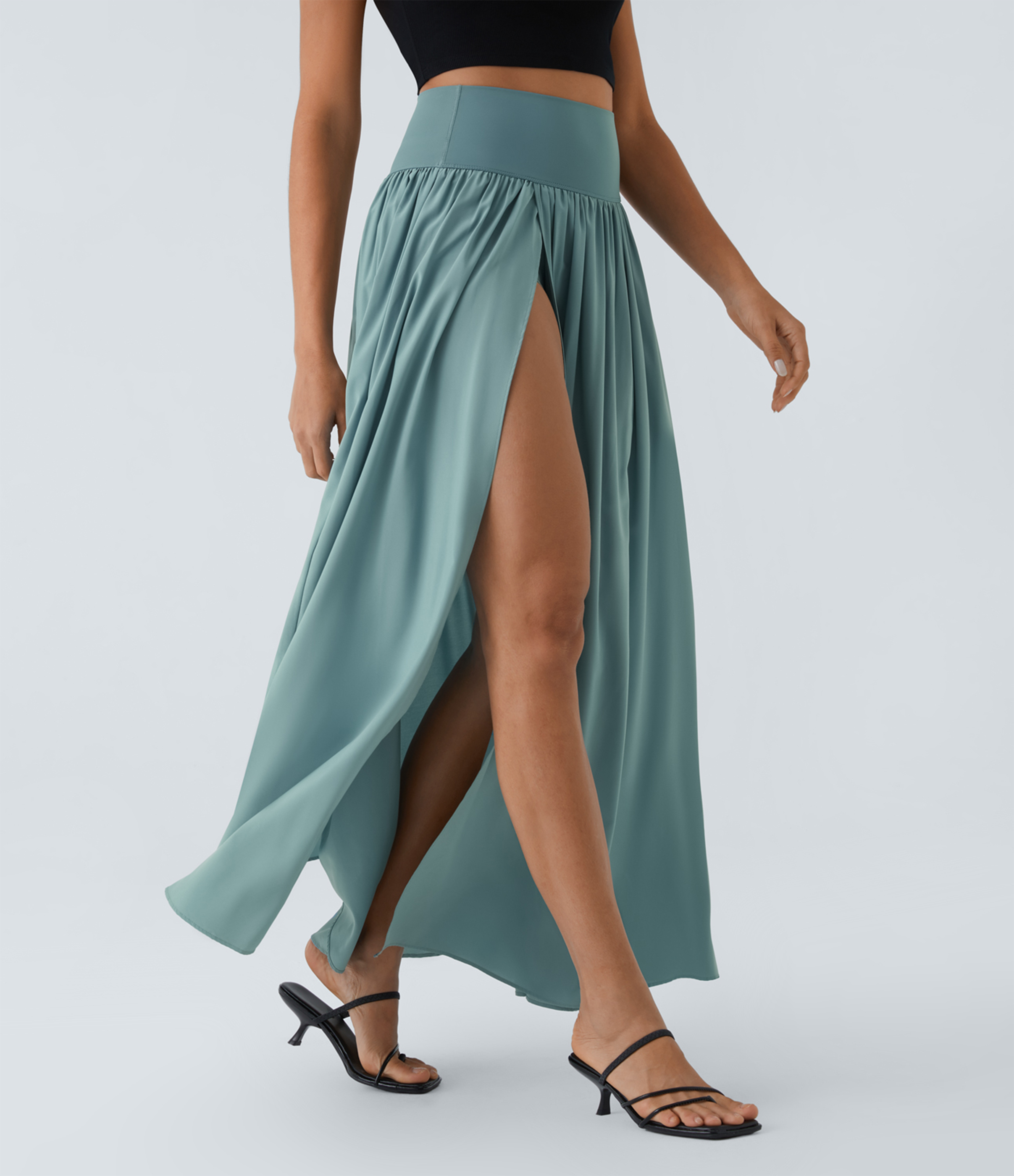 Halara Breezefulв„ў High Waisted Plicated Split 2-in-1 Flowy Quick Dry Maxi Casual Skirt  - Mineral Blue - XL(regular) 