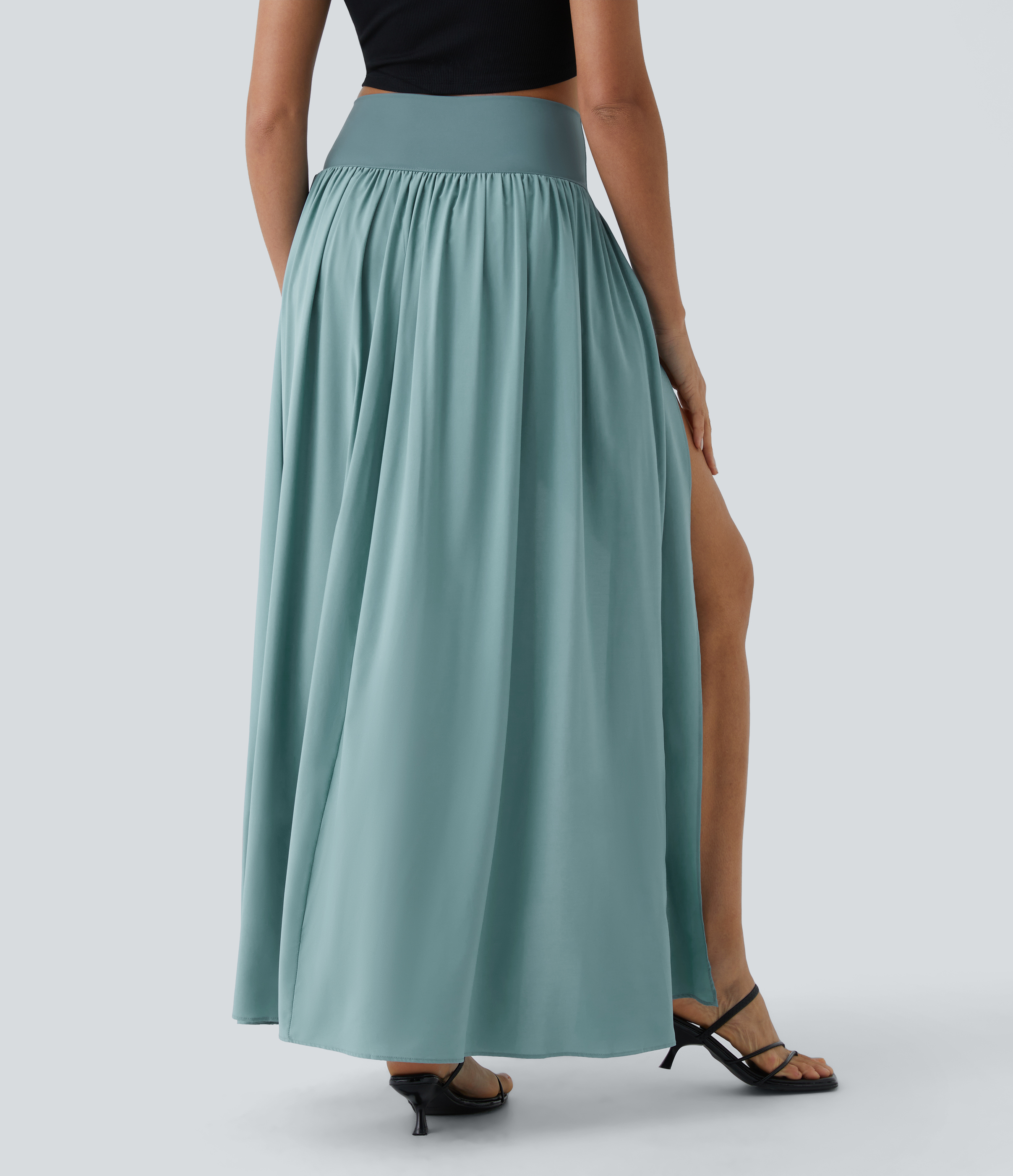 Halara Breezefulв„ў High Waisted Plicated Split 2-in-1 Flowy Quick Dry Maxi Casual Skirt  - Mineral Blue - XL(regular) 