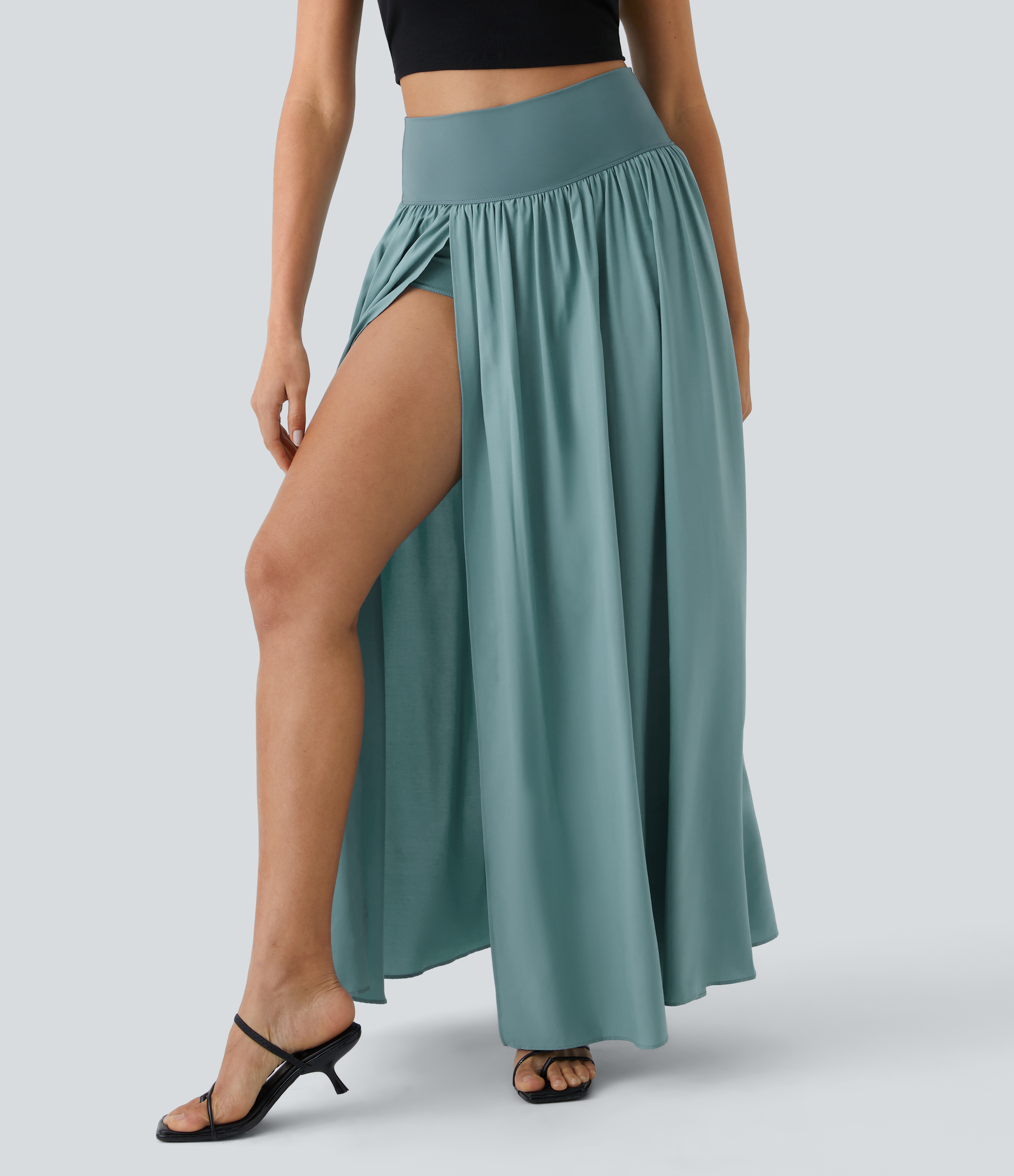 Halara Breezefulв„ў High Waisted Plicated Split 2-in-1 Flowy Quick Dry Maxi Casual Skirt  - Mineral Blue - XL(regular) 