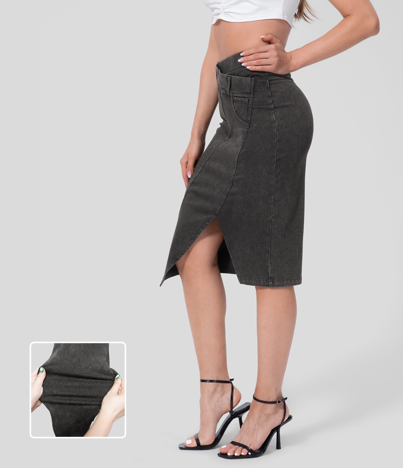 Halara Flex™ High Waisted Split Hem Stretchy Knit Denim Midi Casual Skirt