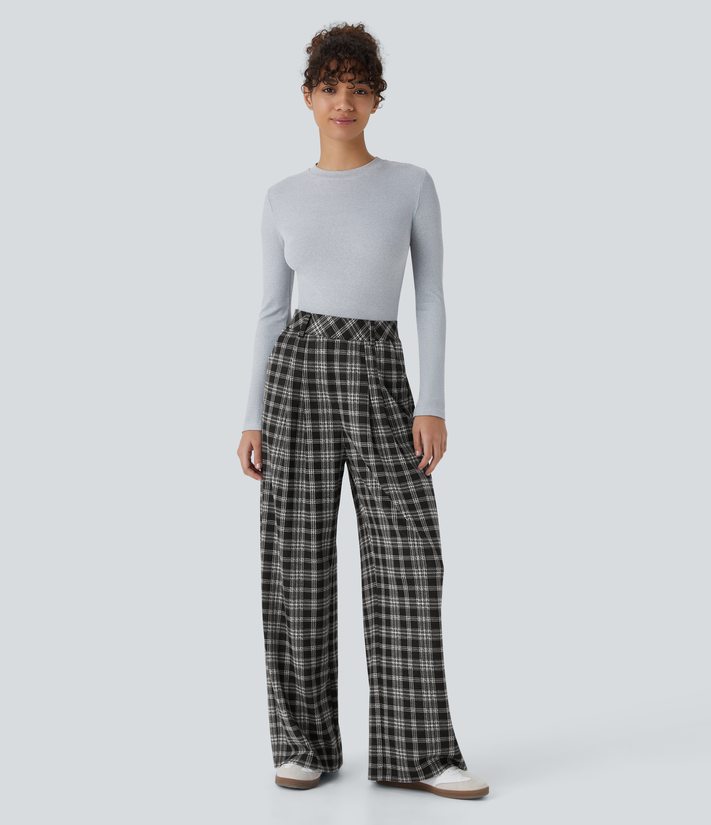 Halara High Waisted Side Pocket Wide Leg Houndstooth Plaid Casual Pants  - Black Tartan Plaid - XS(regular) sweatpants jogger pants 