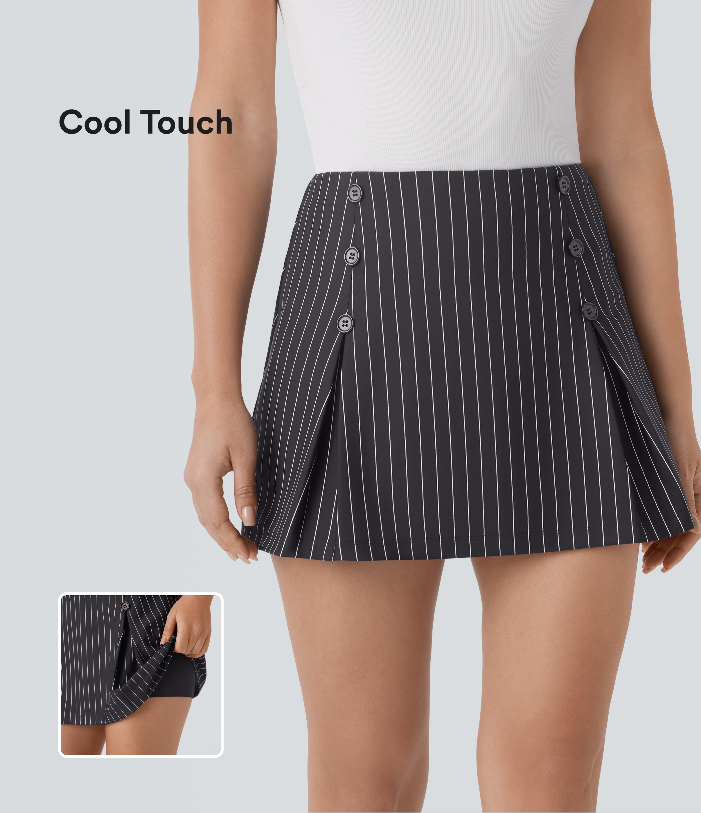 Halara High Waisted Decorative Buttons 2-in-1 Stripe A-line Mini Cool Touch Work Skirt  - Black White Oxford Pinstripe - S(regular) 
