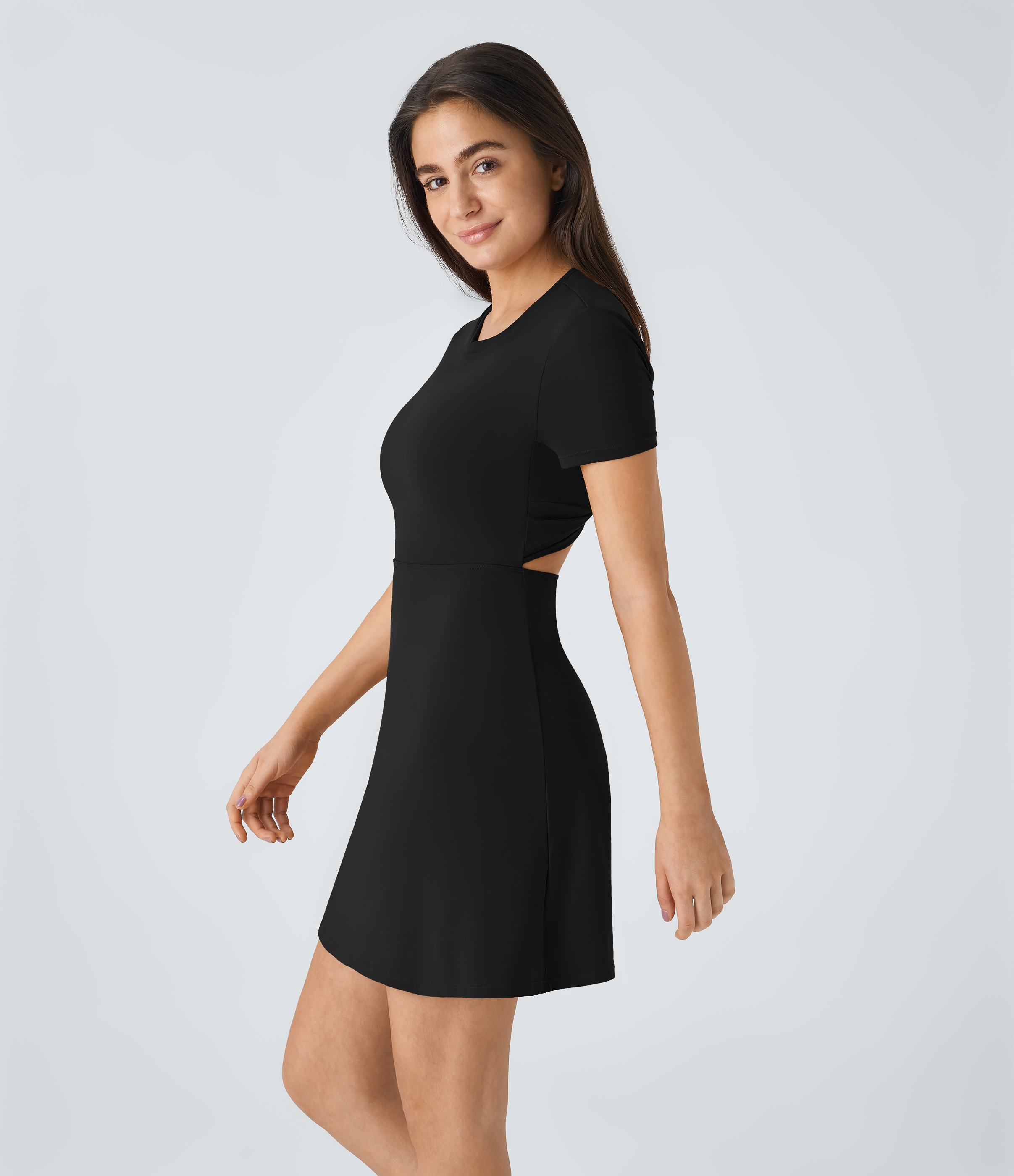 Halara Backless Twisted Cut Out Flare Mini Dance Active Dress Workout Dress - Black - L 